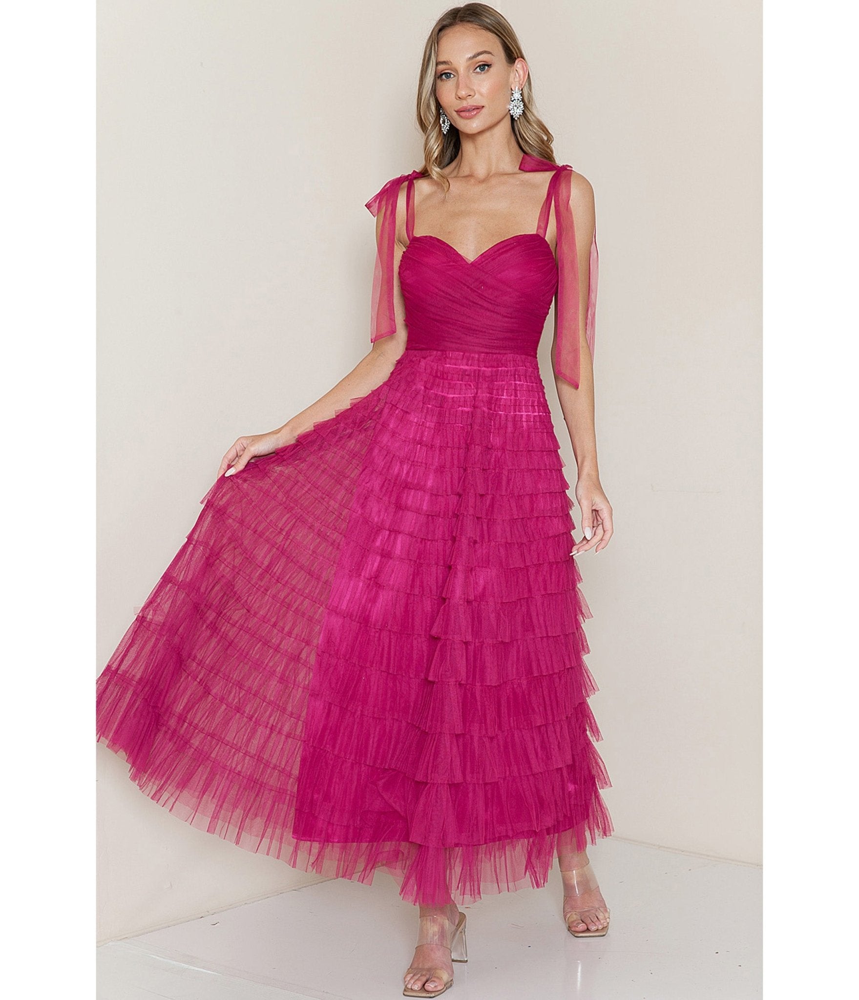 Pink Tulle Tiered Midi Dress - Unique Vintage - Womens, DRESSES, MIDI