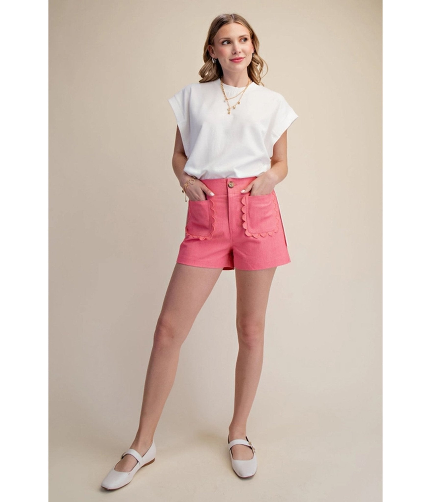 Pink Twill Scallop Pocket Shorts - Unique Vintage - Womens, BOTTOMS, SHORTS