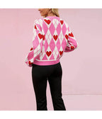 Pink & White Argyle Heart Cardigan - Unique Vintage - Womens, TOPS, SWEATERS