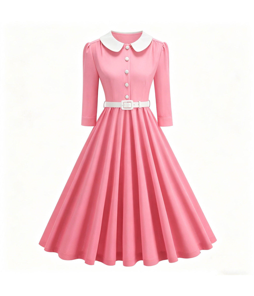 Pink & White Collared Three Quarter Sleeve Swing Dress - Unique Vintage - Womens, DRESSES, SWING
