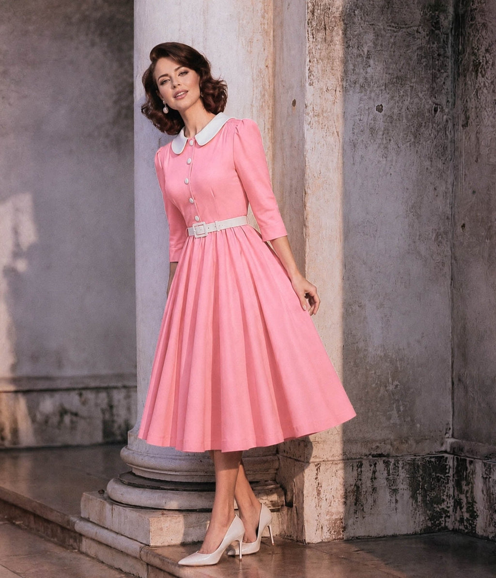 Pink & White Collared Three Quarter Sleeve Swing Dress - Unique Vintage - Womens, DRESSES, SWING