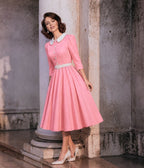 Pink & White Collared Three Quarter Sleeve Swing Dress - Unique Vintage - Womens, DRESSES, SWING