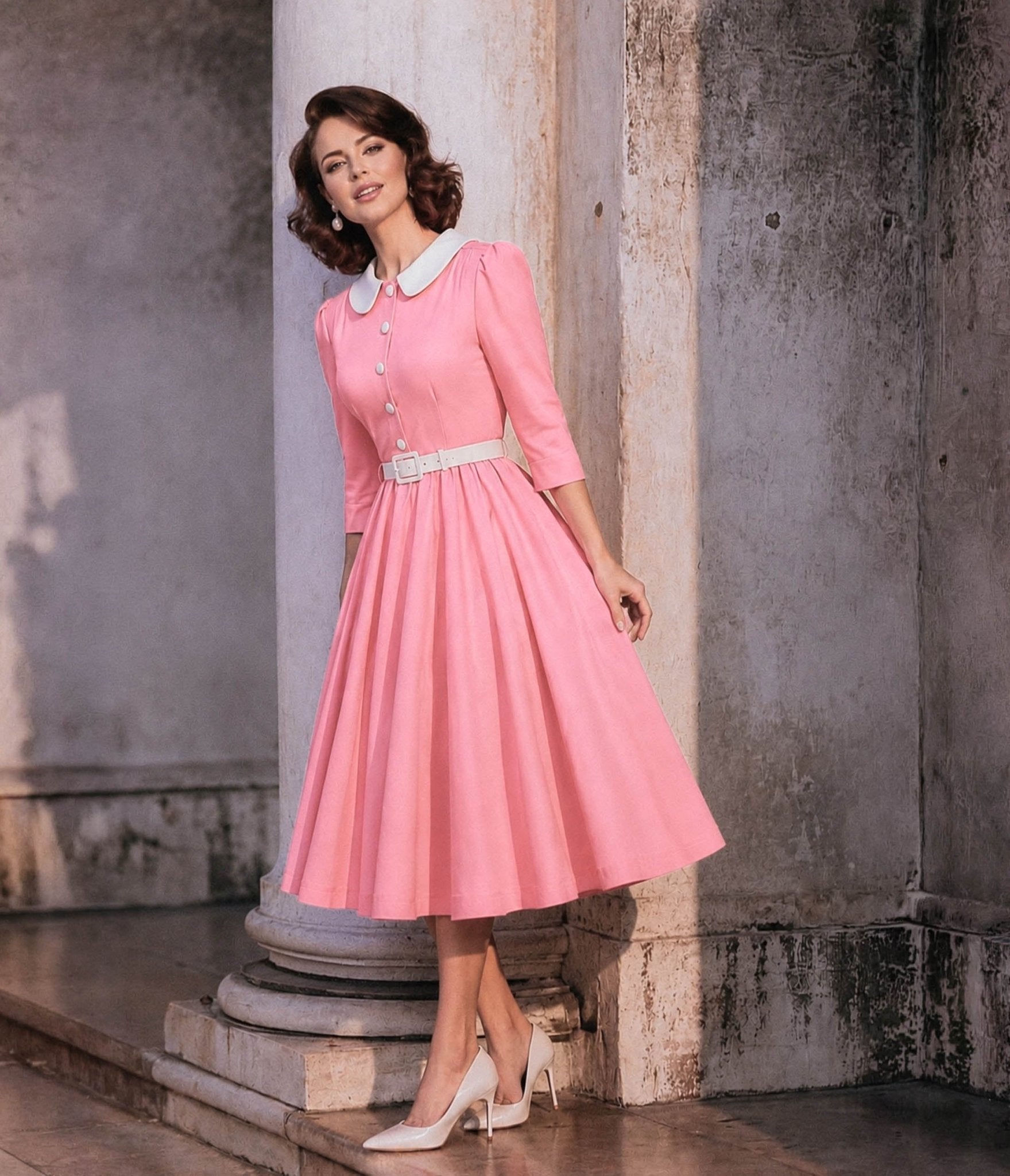 Pink & White Collared Three Quarter Sleeve Swing Dress 2X