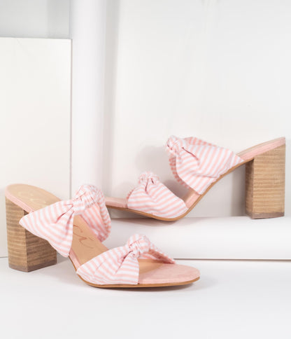 Pink & White Stripe Block Heel Sandal - Unique Vintage - Womens, SHOES, HEELS