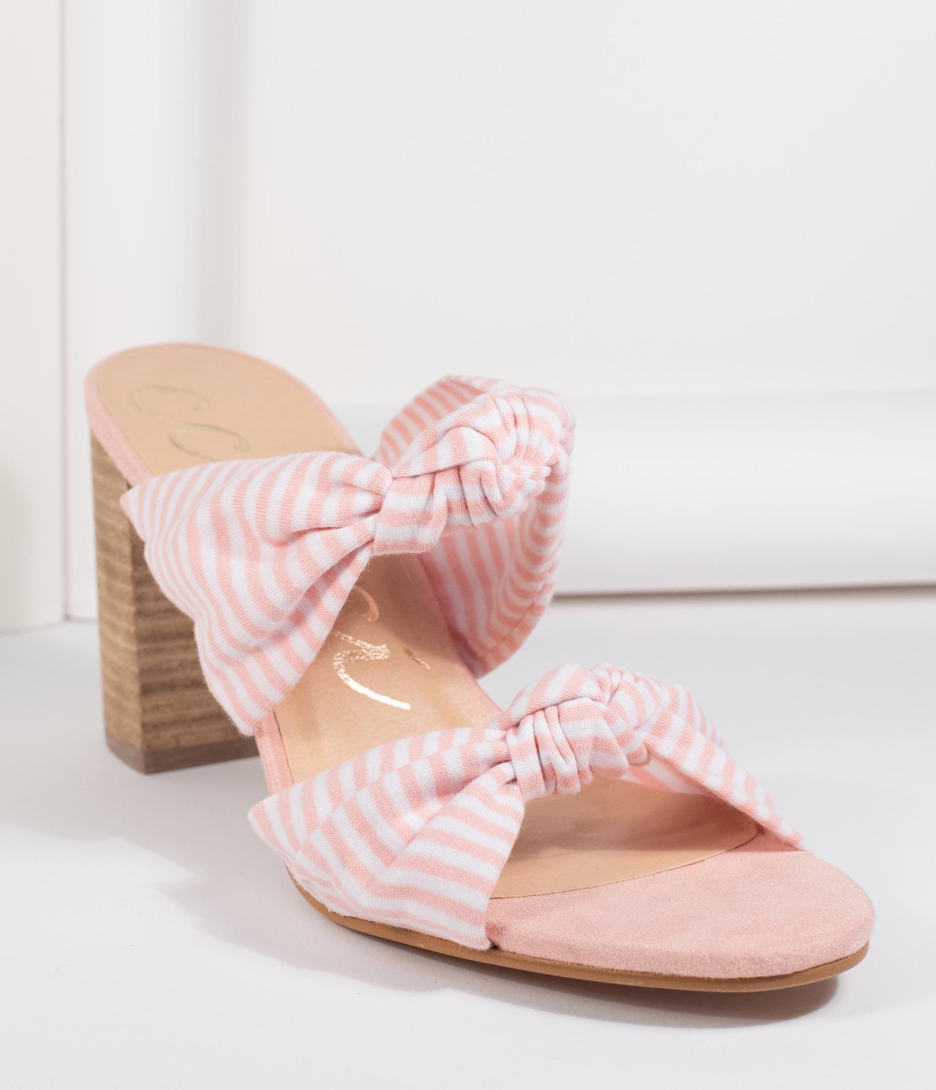 Pink & White Stripe Block Heel Sandal - Unique Vintage - Womens, SHOES, HEELS