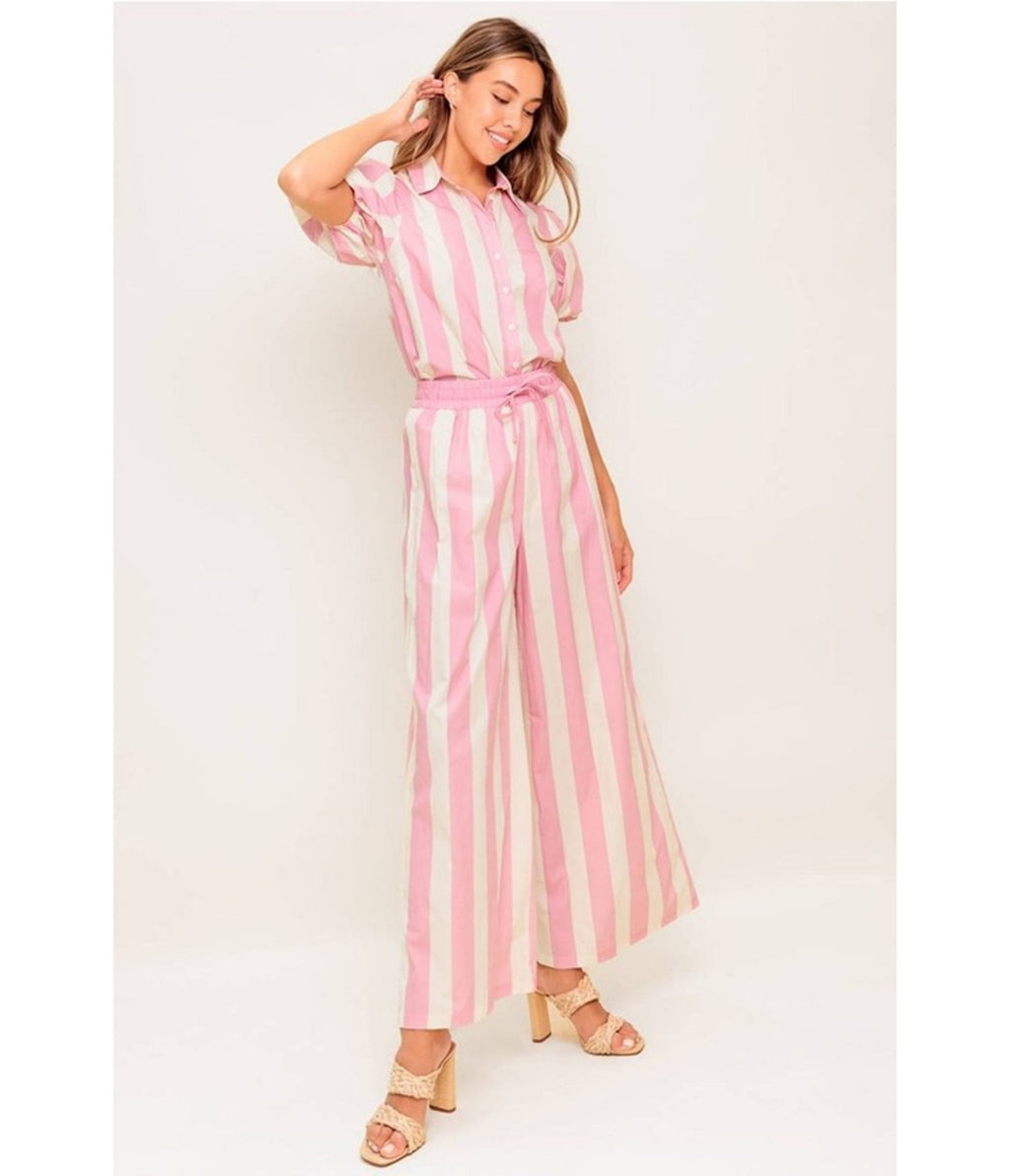 Pink & White Striped Cotton Top & Pants Set - Unique Vintage - Womens, BOTTOMS, PANTS