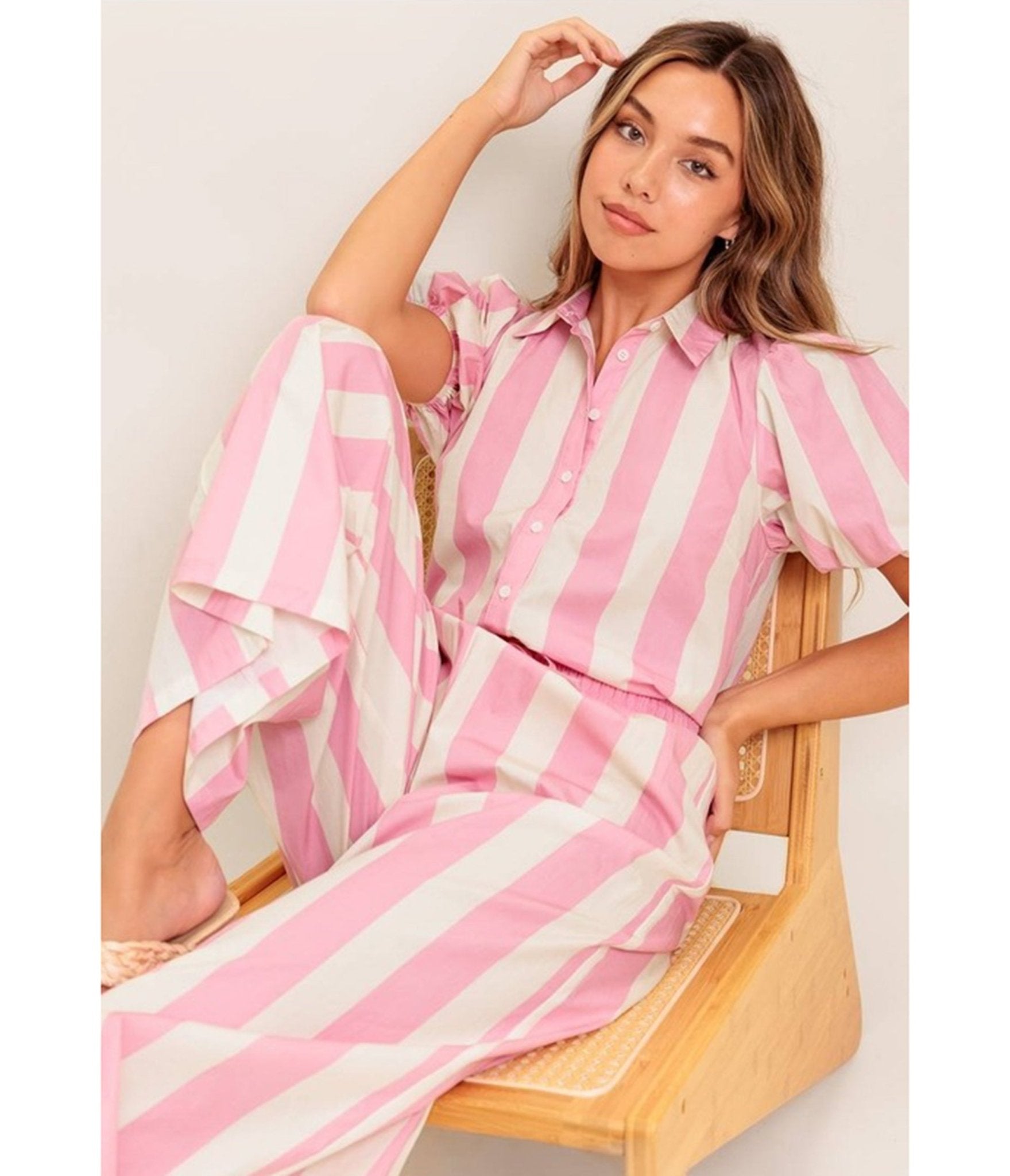 Pink & White Striped Cotton Top & Pants Set - Unique Vintage - Womens, BOTTOMS, PANTS