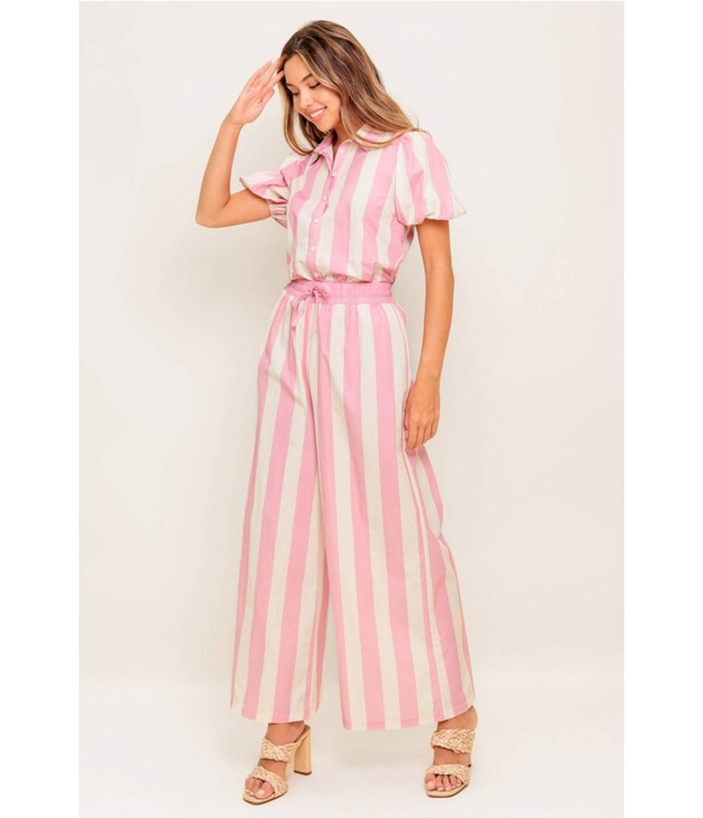 Pink & White Striped Cotton Top & Pants Set - Unique Vintage - Womens, BOTTOMS, PANTS