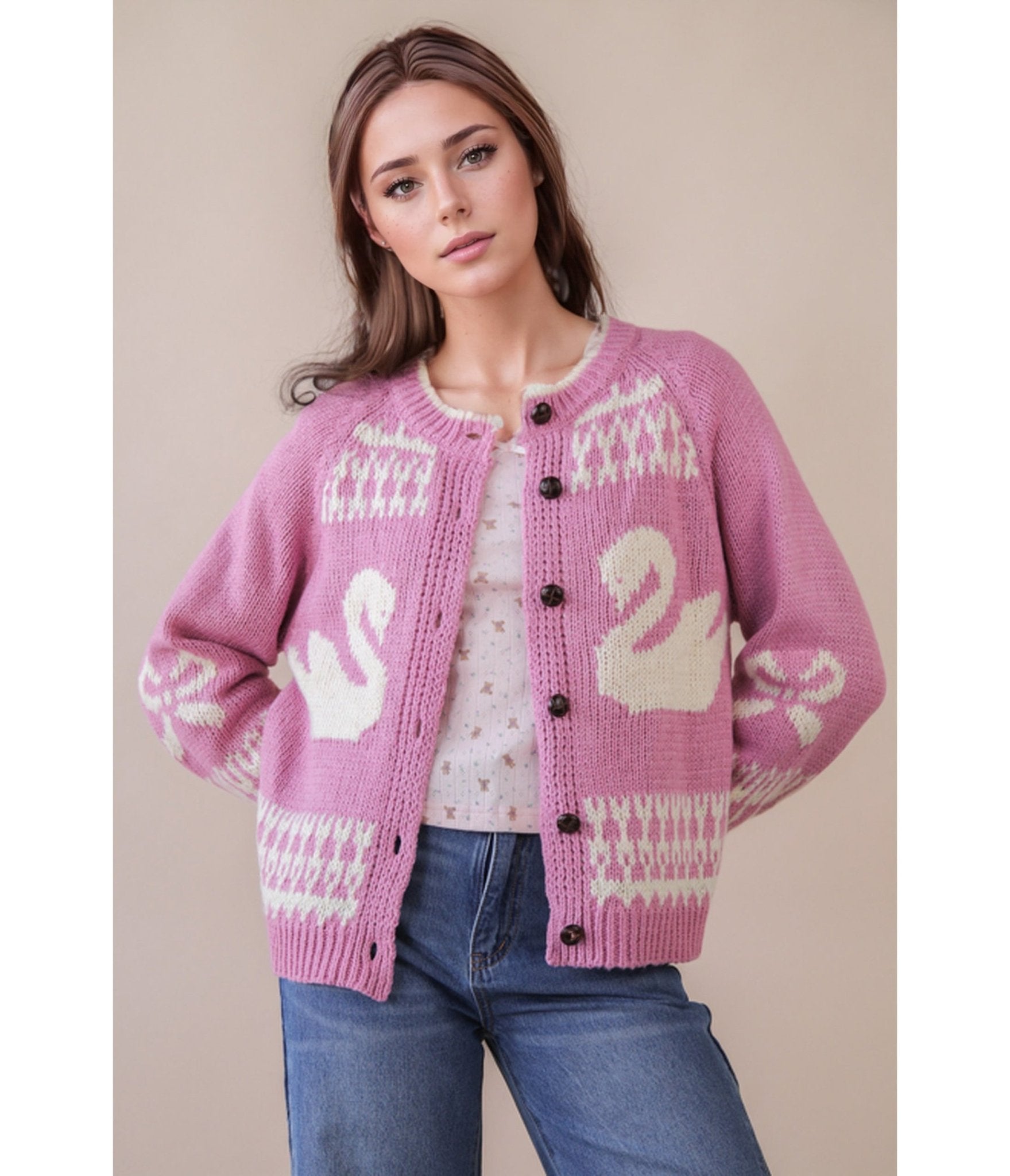 Pink & White Swan Knit Cardigan - Unique Vintage - Womens, TOPS, OUTERWEAR