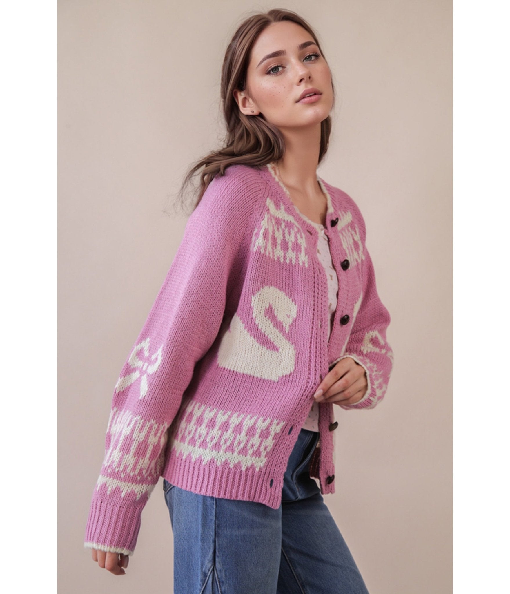 Pink & White Swan Knit Cardigan - Unique Vintage - Womens, TOPS, OUTERWEAR
