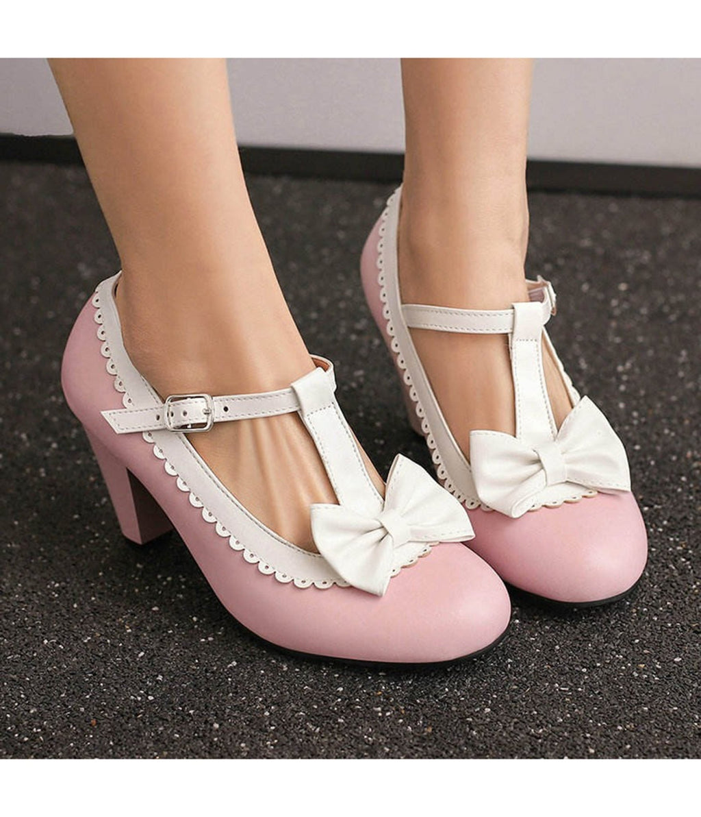 Pink with White Bow T - Strap Heels - Unique Vintage - Womens, SHOES, HEELS