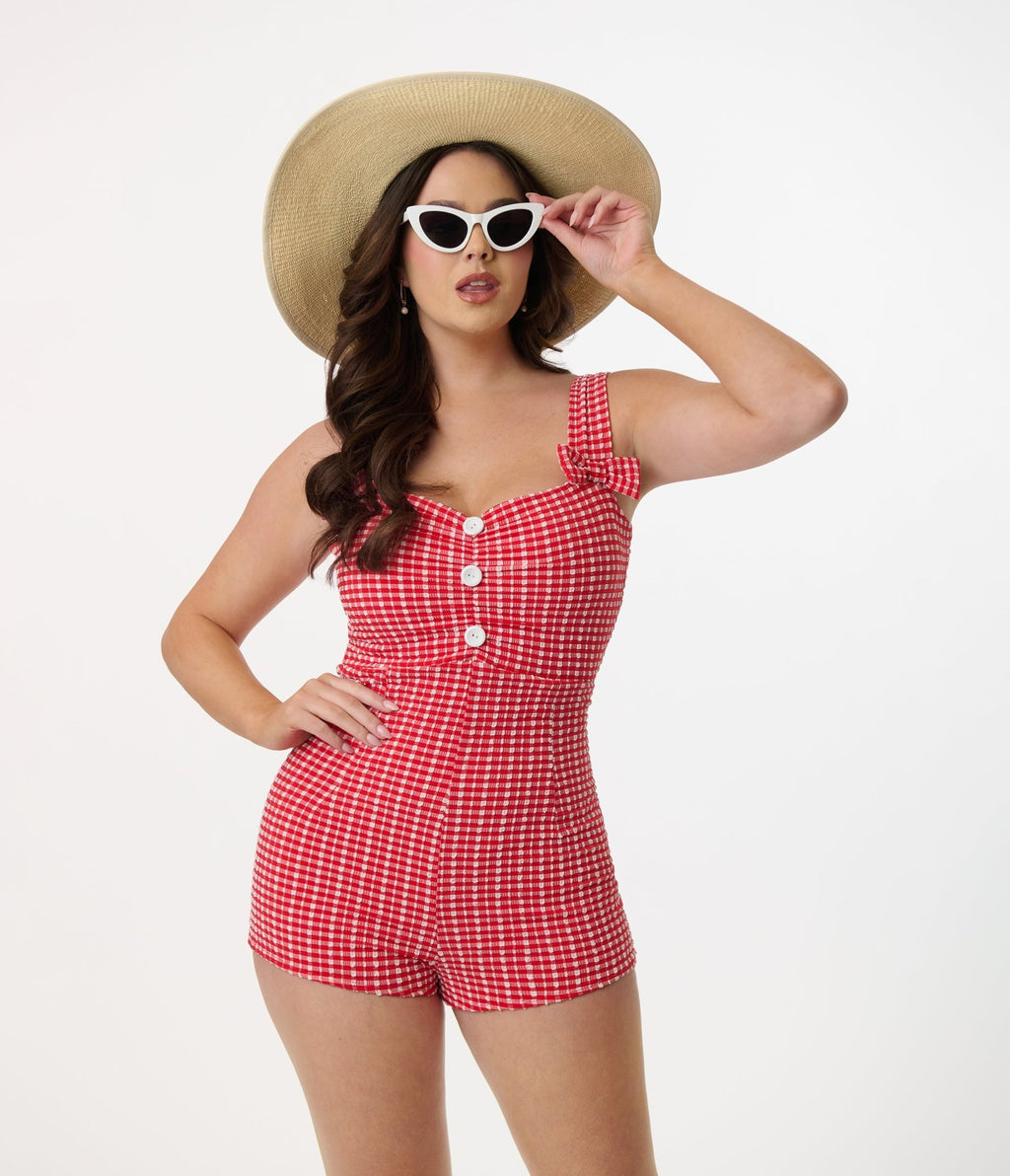 Pinky Pinups 1950s Red Gingham One Piece Swimsuit - Unique Vintage - Womens, SWIM, 1 PC