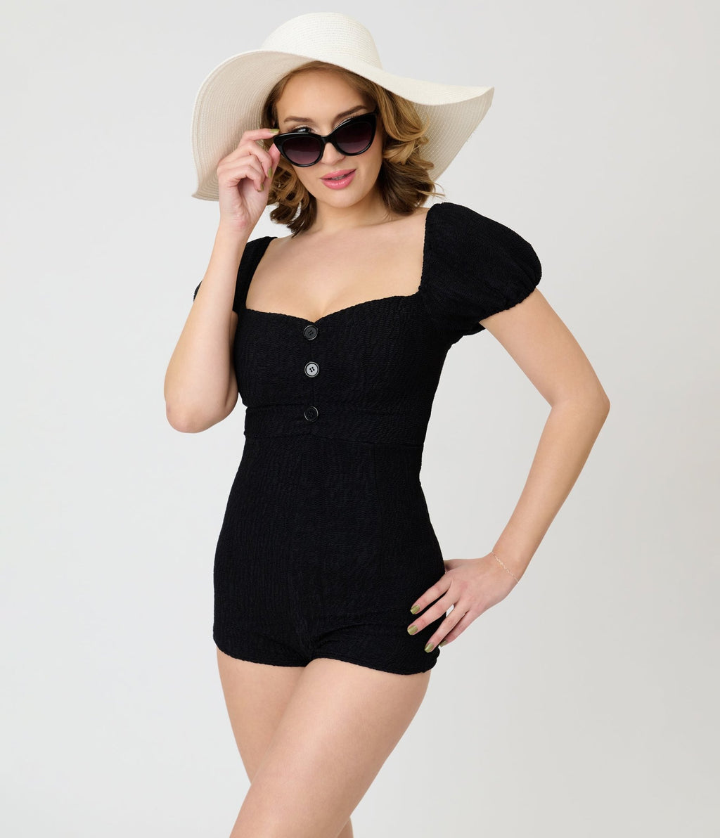 Pinky Pinups Black Puff Sleeve Romper Swim Suit - Unique Vintage - Womens, SWIM, 1 PC