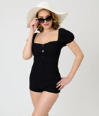 Pinky Pinups Black Puff Sleeve Romper Swim Suit - Unique Vintage - Womens, SWIM, 1 PC
