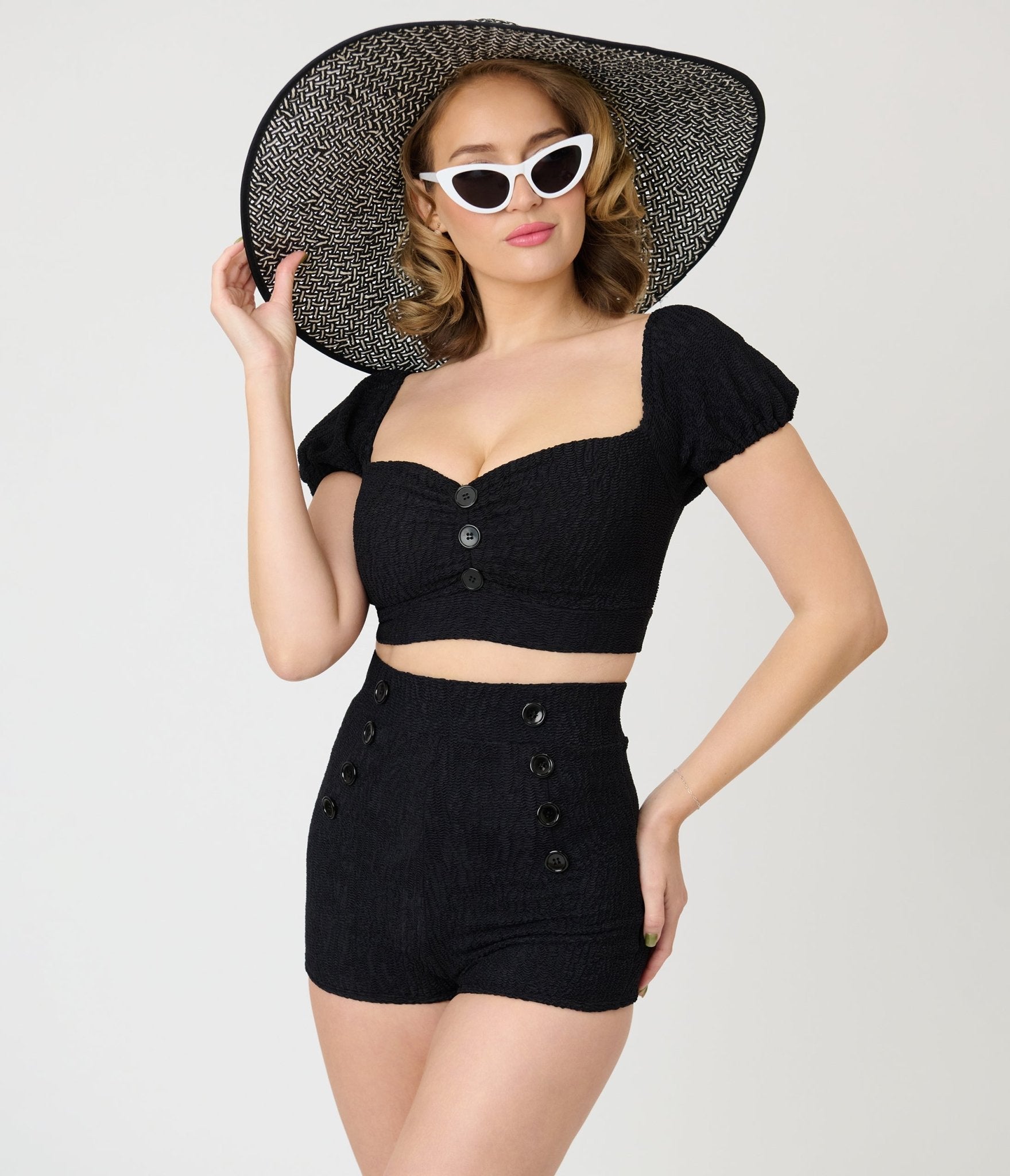 Pinky Pinups Black Textured Puff Sleeve Swim Top – Unique Vintage