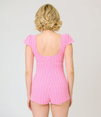 Pinky Pinups Pink Gingham Puff Sleeve Romper Swim Suit - Unique Vintage - Womens, SWIM, 1 PC