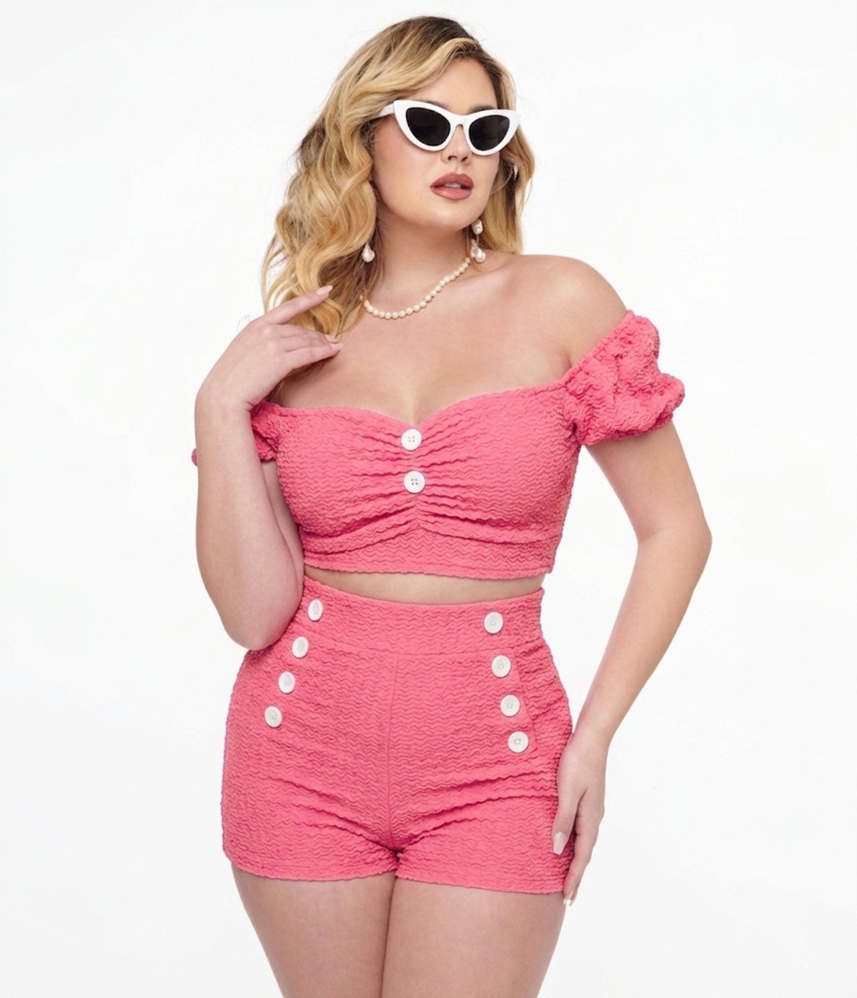 Pinky Pinups Pink Textured Puff Sleeve Swim Top - Unique Vintage - Womens, SWIM, TOP