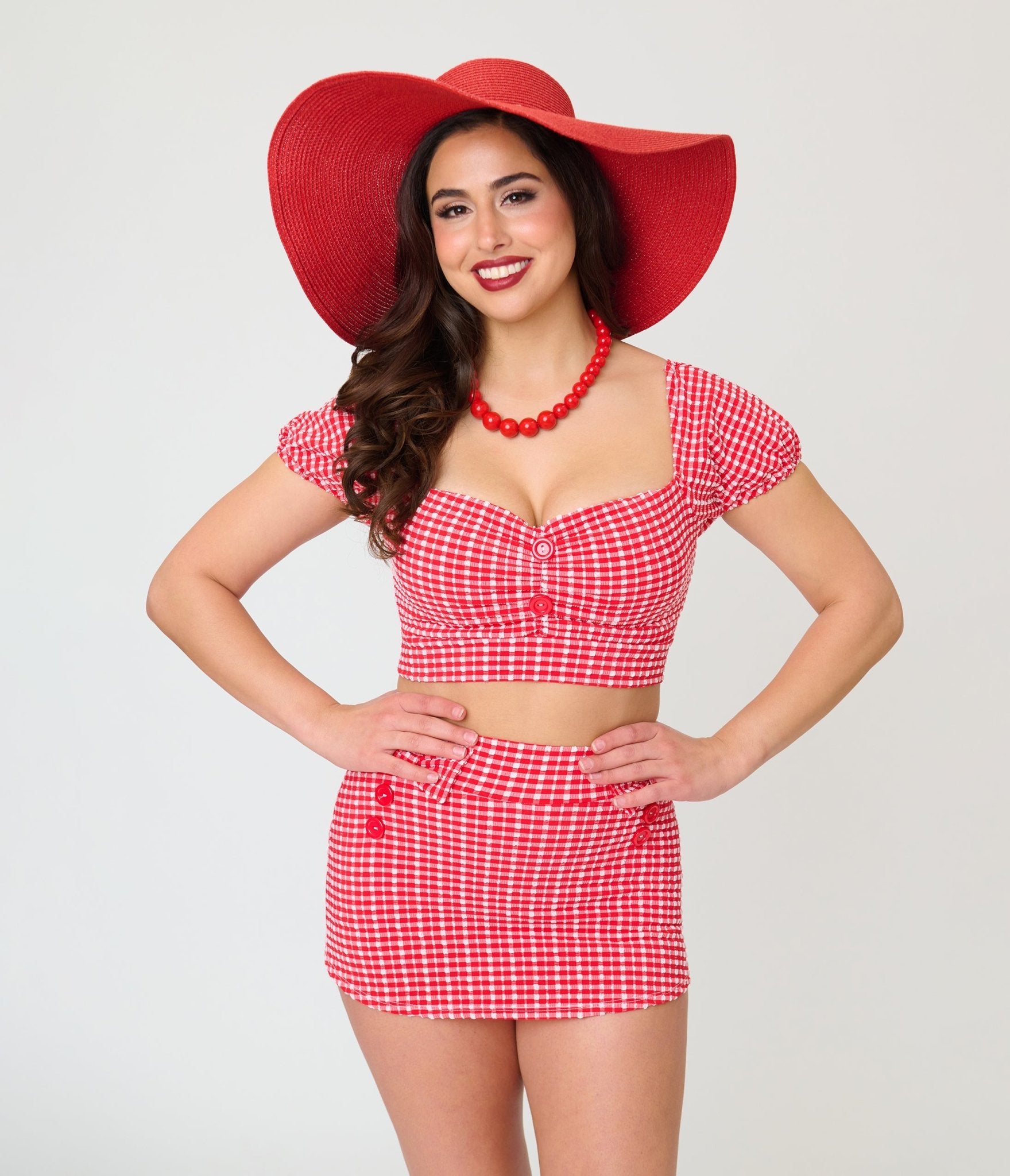 Pinky Pinups Red Gingham Bow Accent Swim Skirt - Unique Vintage - Womens, SWIM, BOTTOM