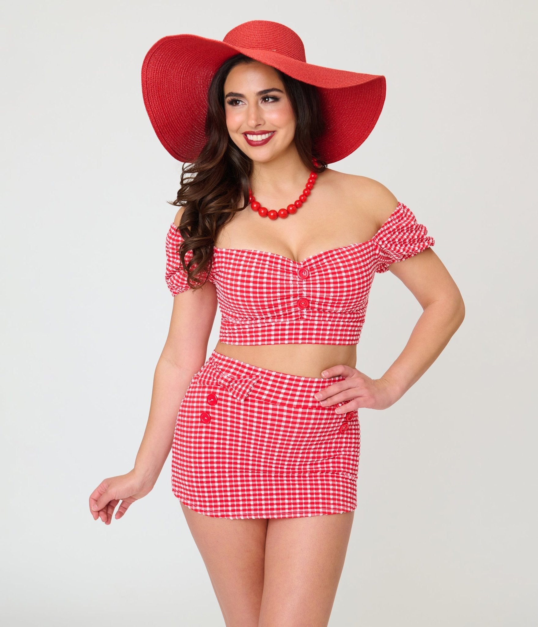 Pinky Pinups Red Gingham Textured Puff Sleeve Swim Top - Unique Vintage - Womens, SWIM, TOP
