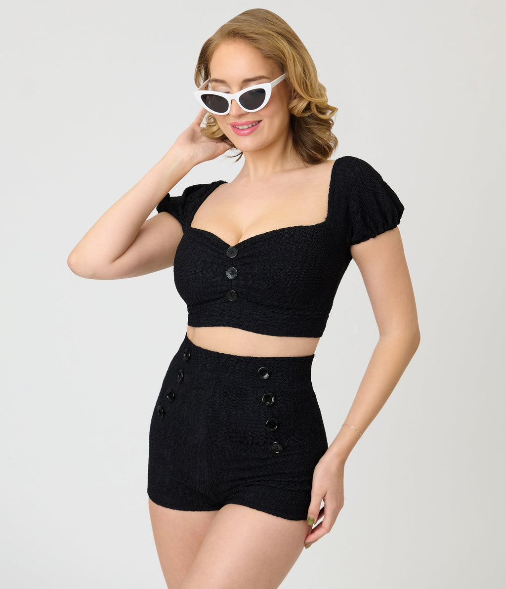 Pinky Pinups Textured Black High Waist Sailor Swim Bottoms - Unique Vintage - Womens, SWIM, BOTTOM