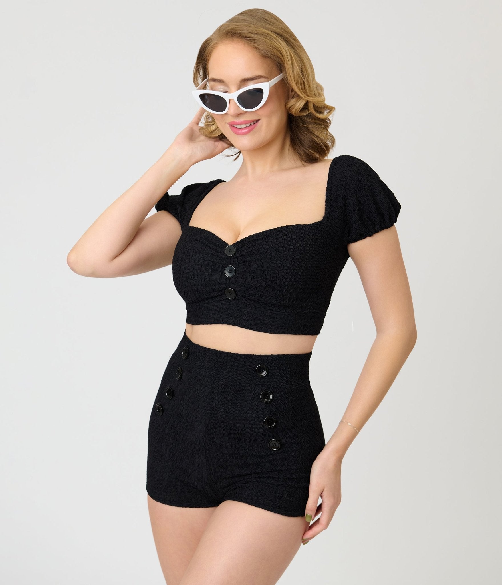 Pinky Pinups Textured Black High Waist Sailor Swim Bottoms - Unique Vintage - Womens, SWIM, BOTTOM