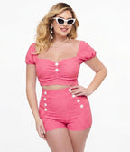 Pinky Pinups Textured Hot Pink High Waist Sailor Swim Bottoms - Unique Vintage - Womens, SWIM, BOTTOM