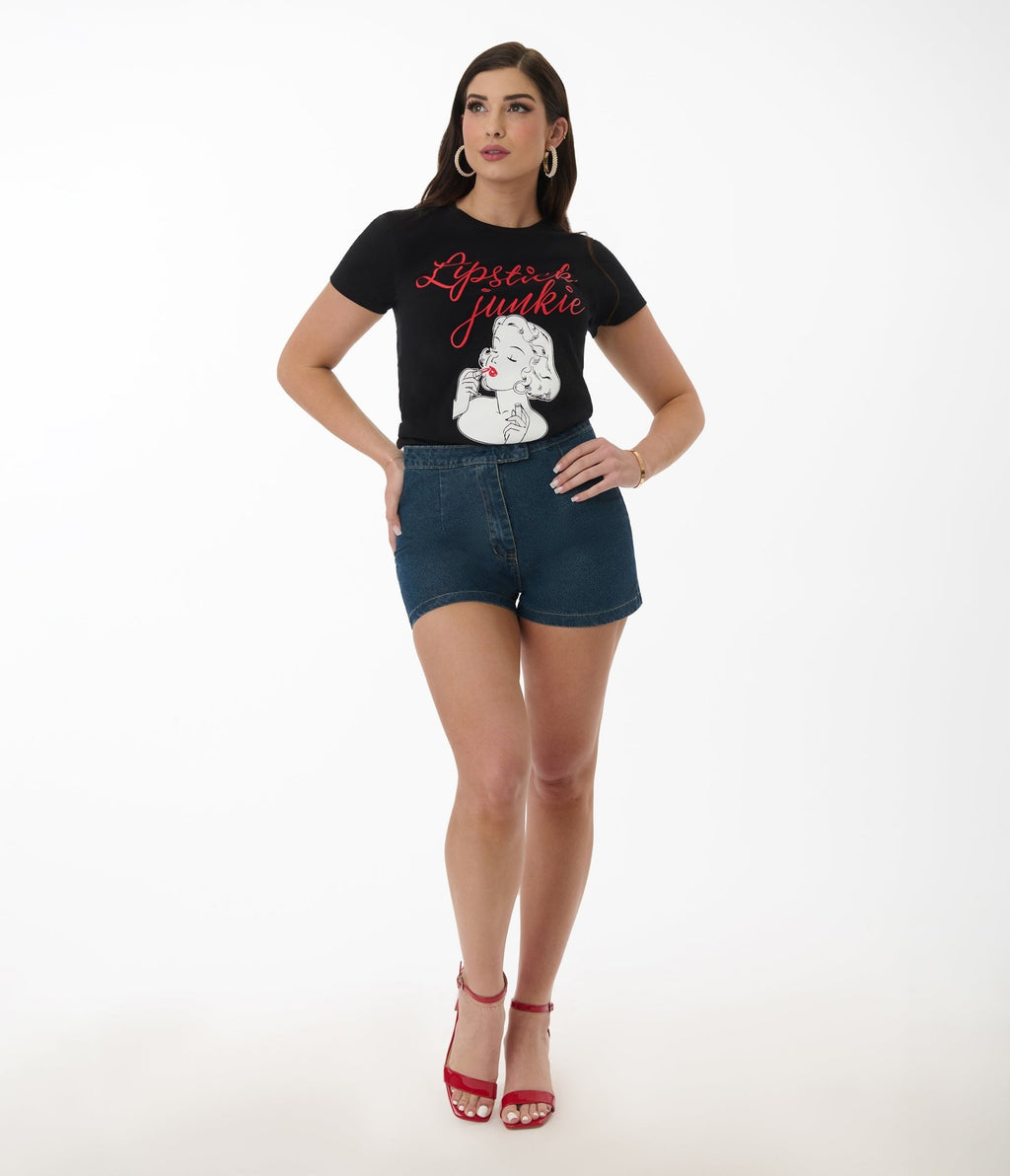 Pinky Star Lipstick Junkie Pin Up Graphic Tee - Unique Vintage - Womens, TOPS, TEES
