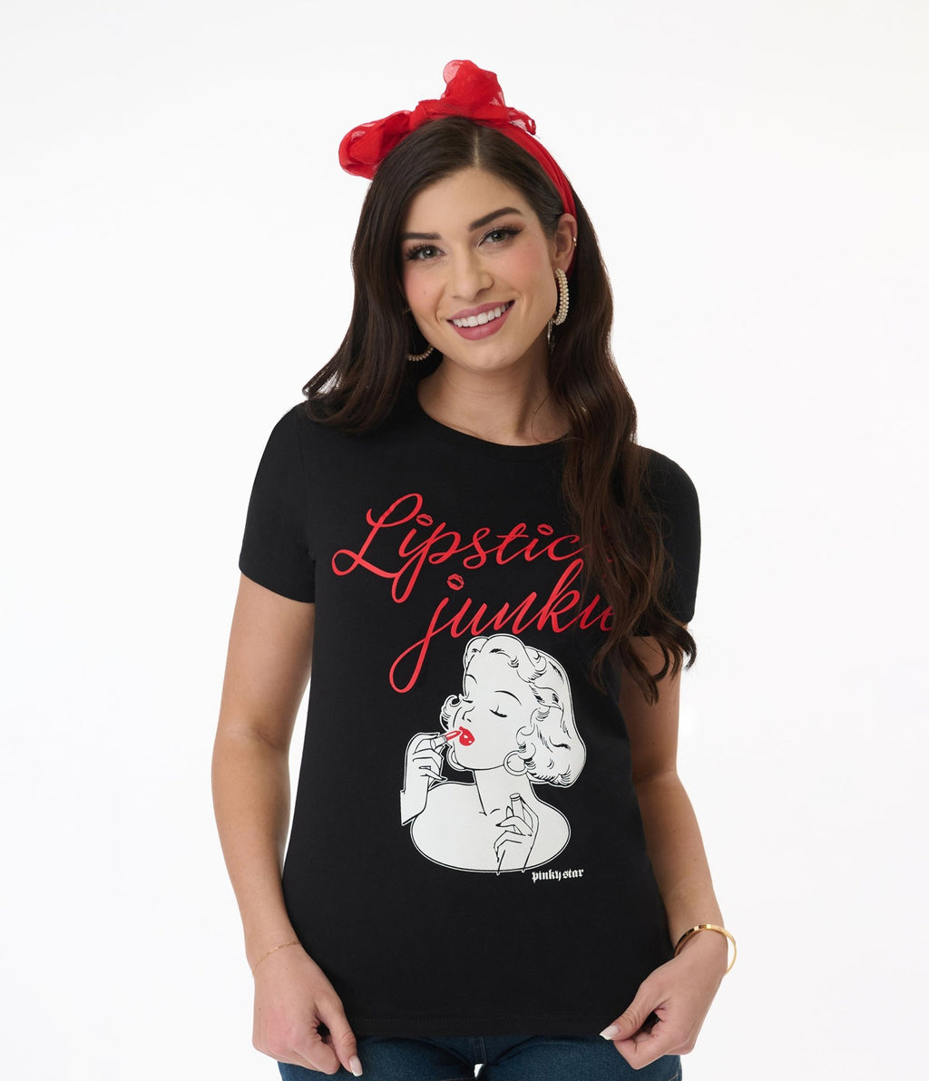 Pinky Star Lipstick Junkie Pin Up Graphic Tee - Unique Vintage - Womens, TOPS, TEES