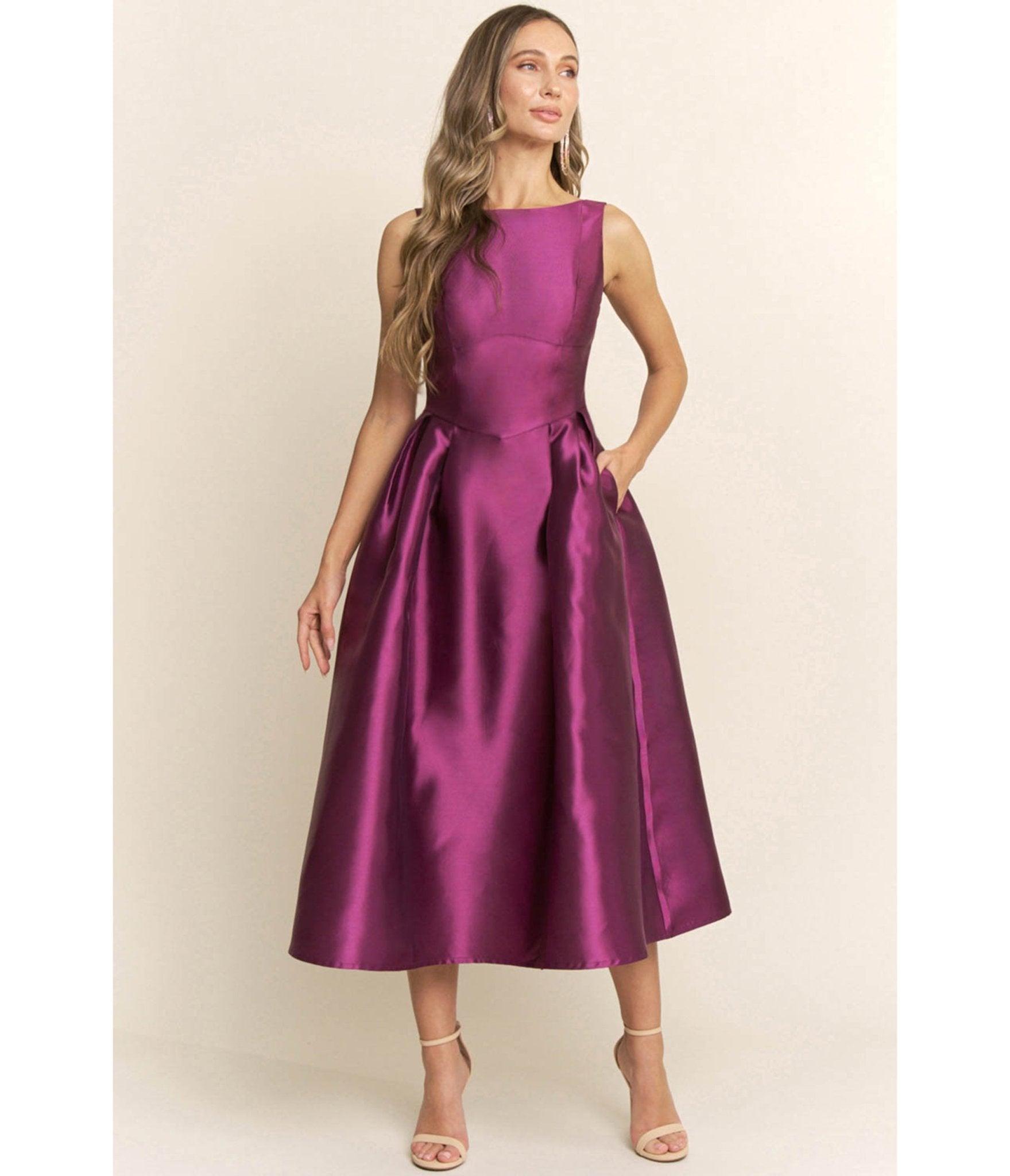 Plum Shimmer Sleeveless Midi Dress - Unique Vintage - Womens, DRESSES, MIDI