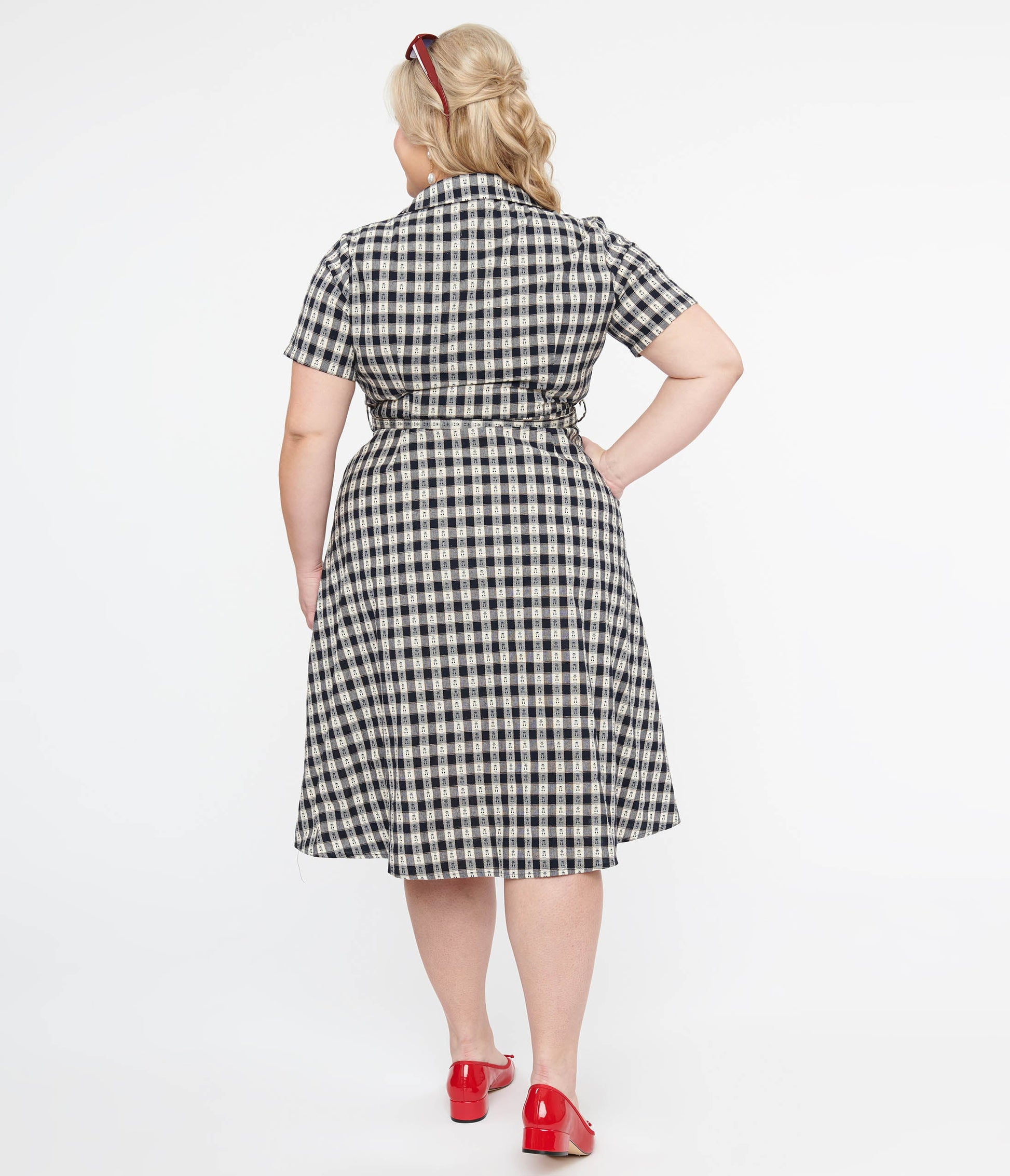 Plus Size 1940s Navy Plaid Cherry Cotton Midi Dress - Unique Vintage - Womens, DRESSES, FIT AND FLARE