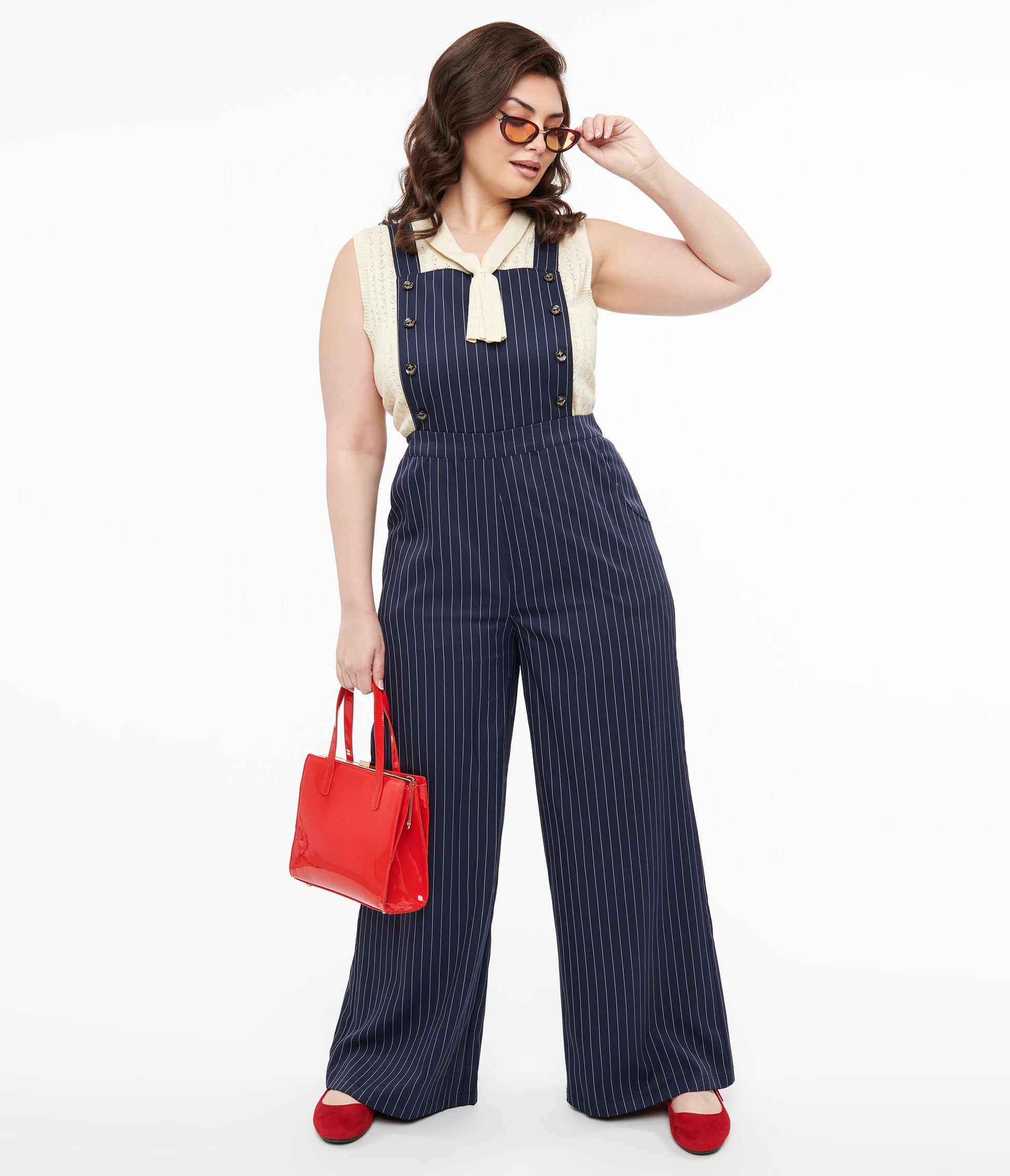Plus Size 1940s Navy & White Pinstripe Wide Leg Overalls - Unique Vintage - Womens, BOTTOMS, ROMPERS AND JUMPSUITS