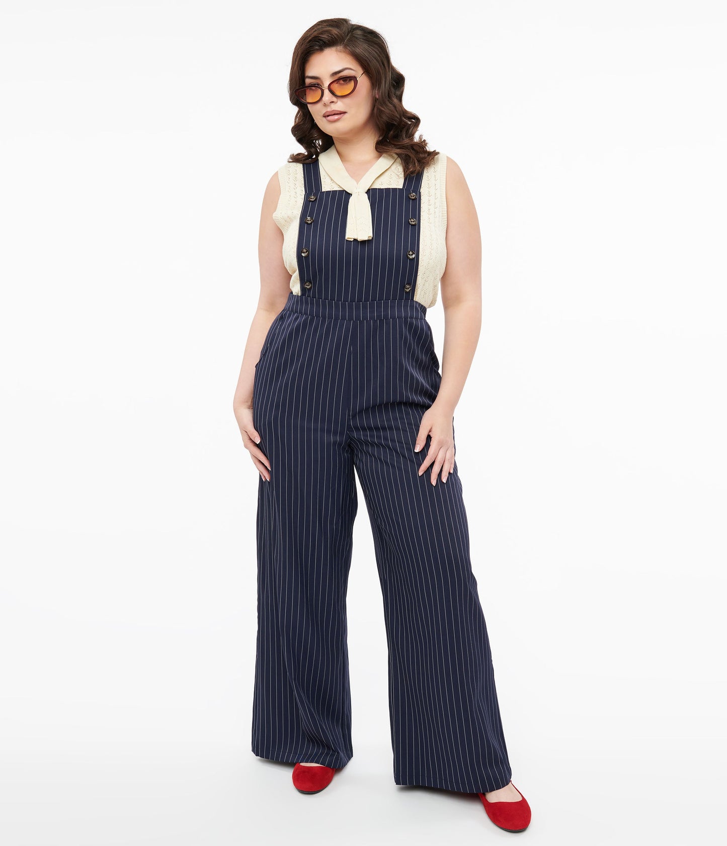 Plus Size 1940s Navy & White Pinstripe Wide Leg Overalls - Unique Vintage - Womens, BOTTOMS, ROMPERS AND JUMPSUITS