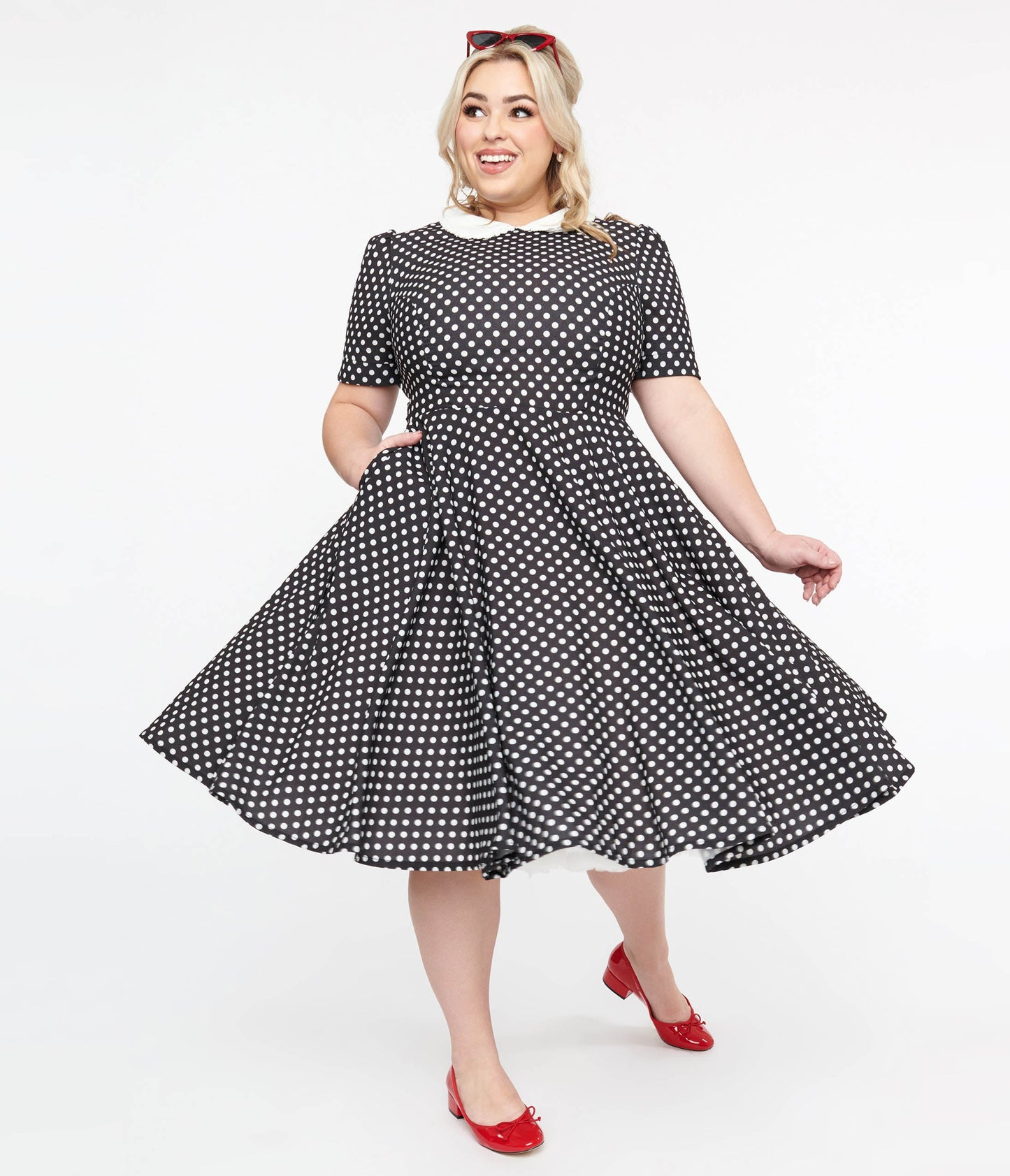 Plus Size 1950s Black & White Polka Dot Brielle Swing Dress - Unique Vintage - Womens, DRESSES, SWING