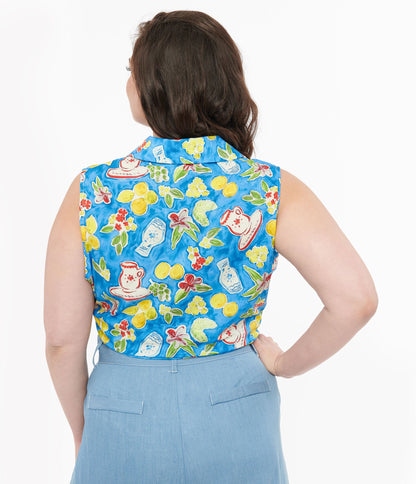 Plus Size 1950s Blue Lemon In My Tea Print Crop Top - Unique Vintage - Womens, TOPS, WOVEN TOPS