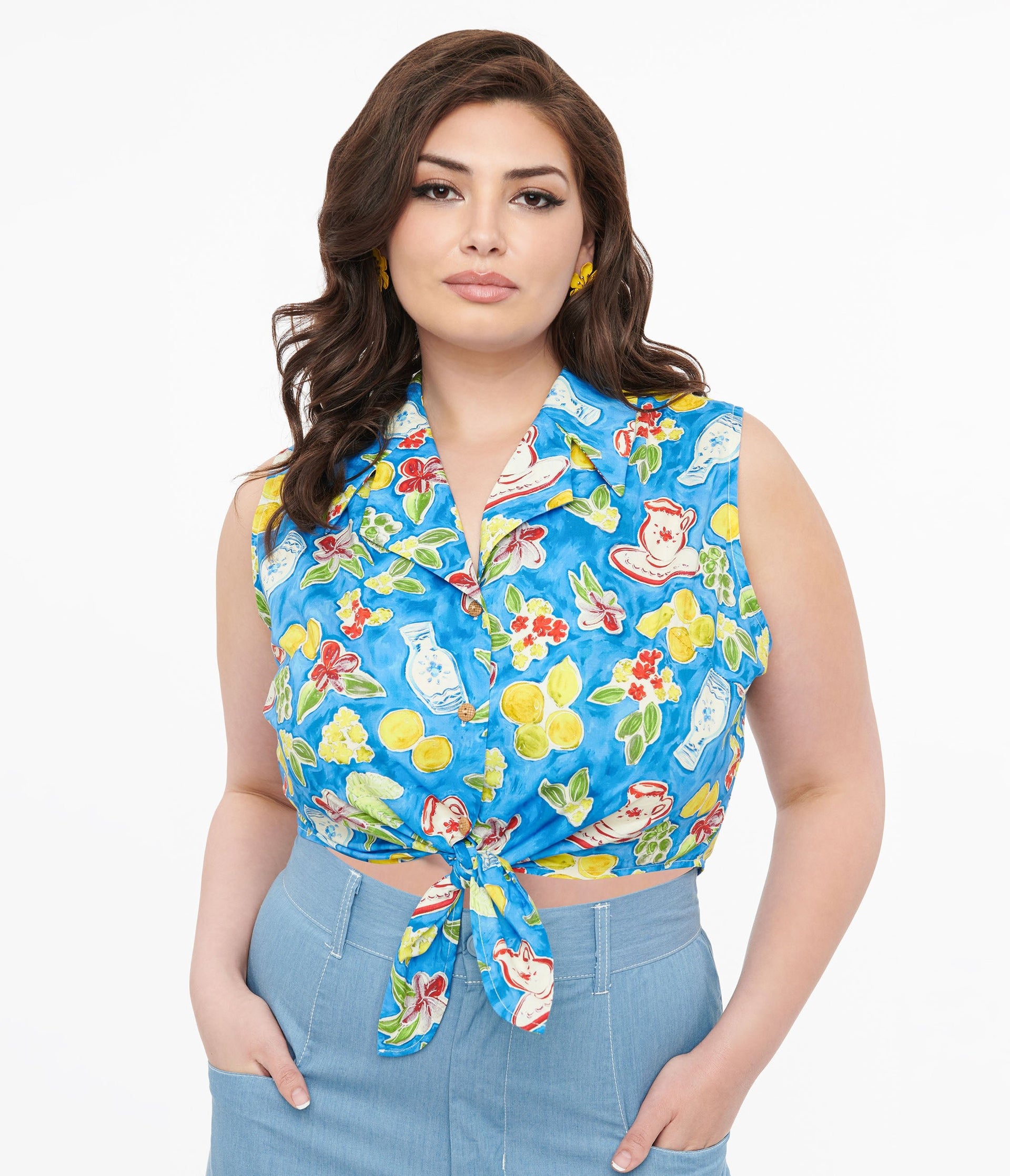 Plus Size 1950s Blue Lemon In My Tea Print Crop Top - Unique Vintage - Womens, TOPS, WOVEN TOPS