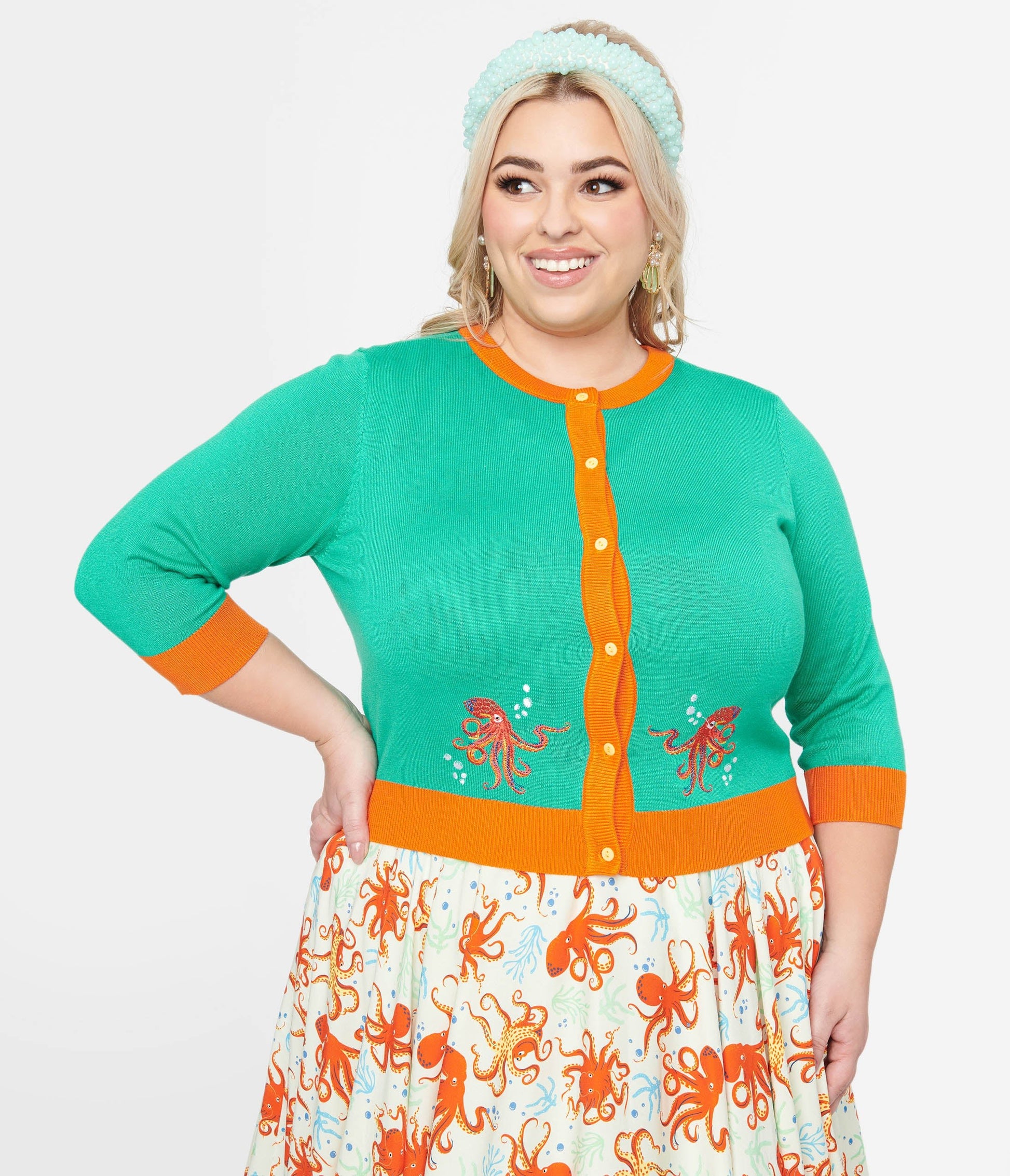 Plus Size 1950s Green & Orange Octopus Embroidery Leslie Cardigan - Unique Vintage - Womens, TOPS, SWEATERS