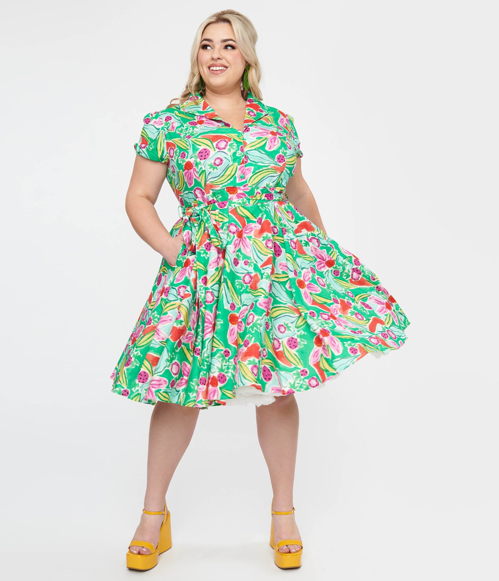 Plus Size 1950s Green & Pink Berry Bloom Print Monroe Fit & Flare Dress - Unique Vintage - Womens, DRESSES, SWING