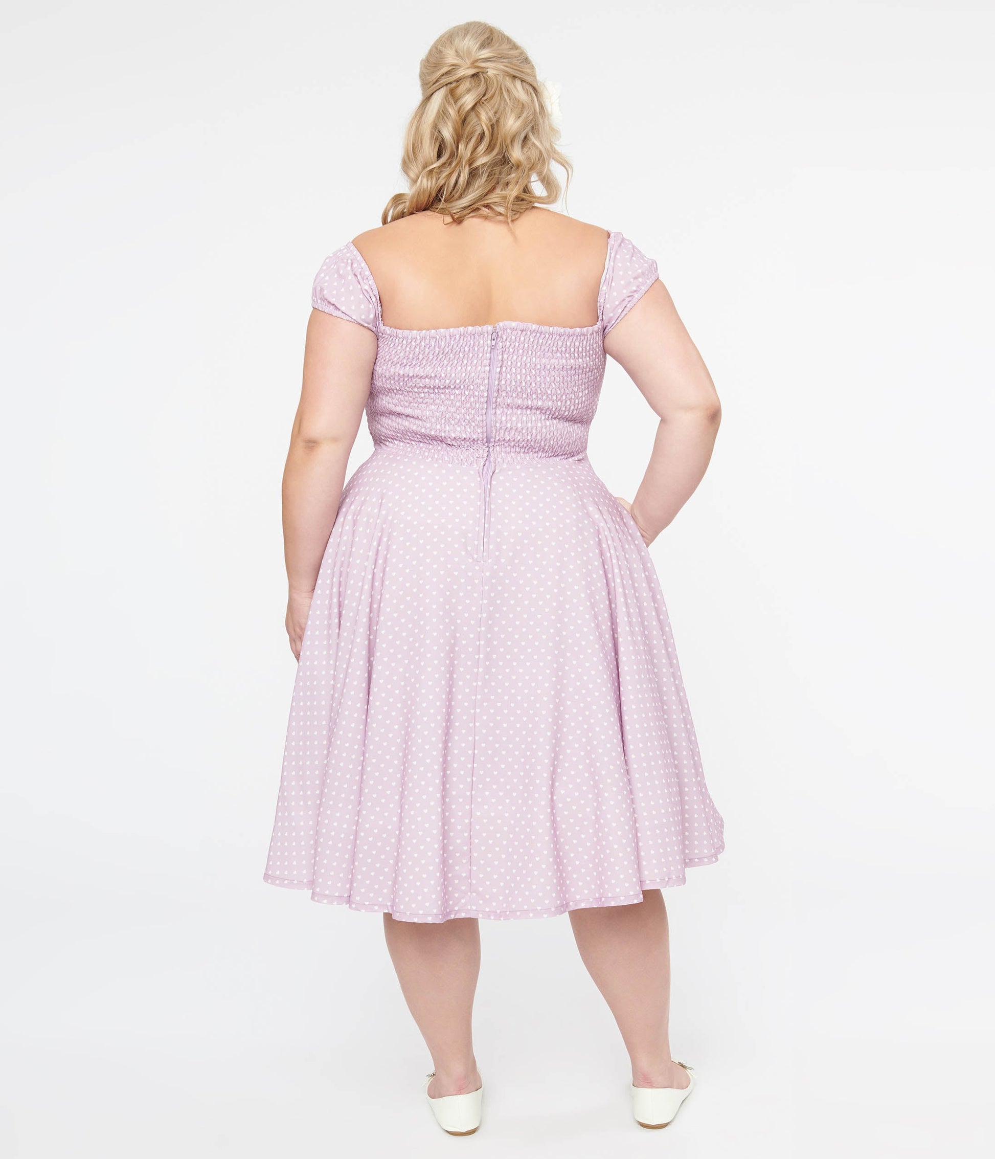 Plus Size 1950s Lavender & White Heart Print Victoria Swing Dress - Unique Vintage - Womens, DRESSES, SWING