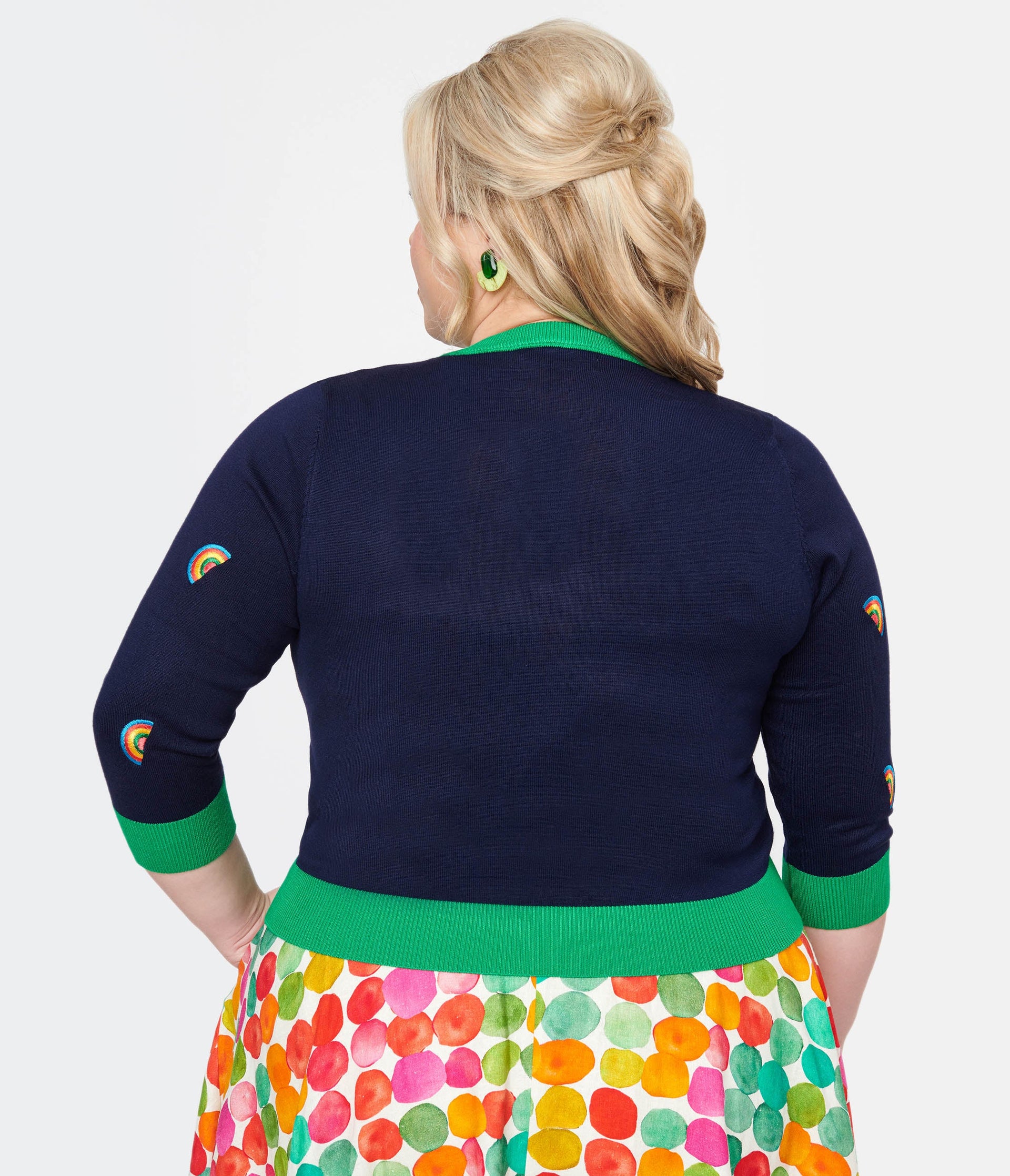 Plus Size 1950s Navy & Green Rainbow Embroidered Skye Cardigan - Unique Vintage - Womens, TOPS, SWEATERS
