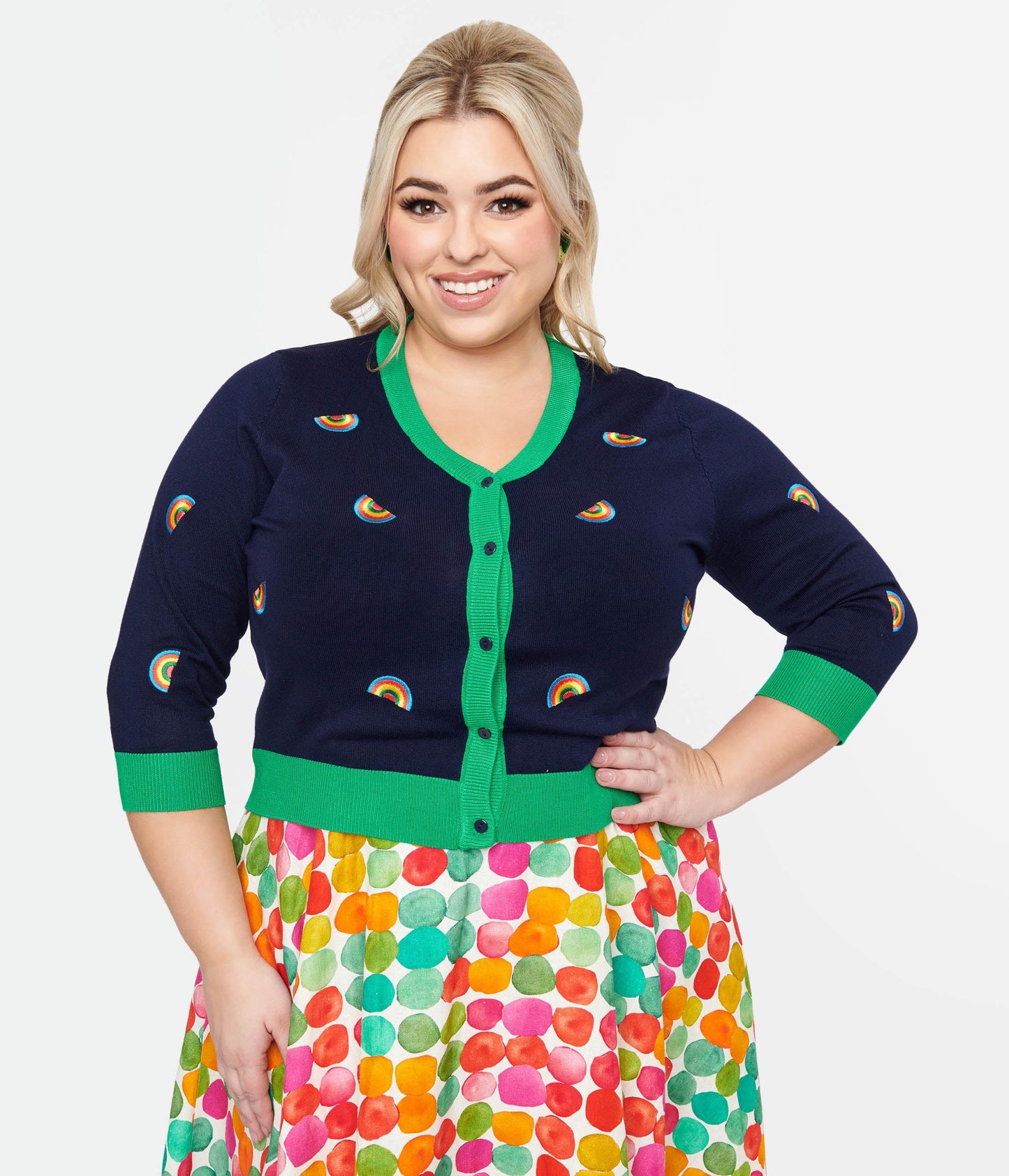 Plus Size 1950s Navy & Green Rainbow Embroidered Skye Cardigan - Unique Vintage - Womens, TOPS, SWEATERS