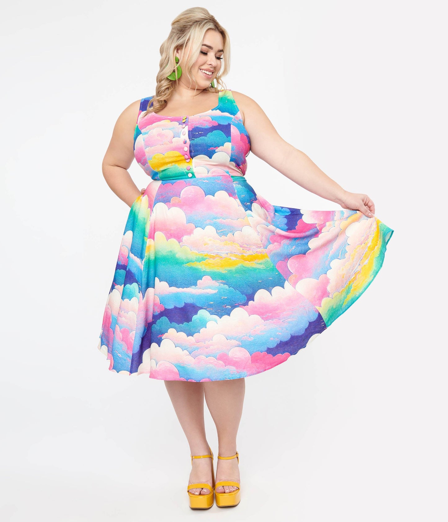 Plus Size 1950s Pink & Rainbow Cloud Print Heidi Fit & Flare Dress - Unique Vintage - Womens, DRESSES, SWING