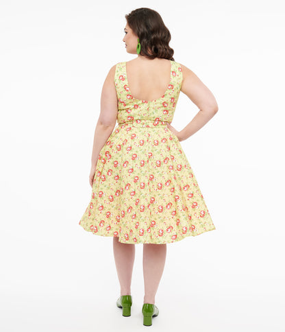 Plus Size 1950s Pistachio Green & Pink Floral Cotton Selda Swing Dress - Unique Vintage - Womens, DRESSES, SWING