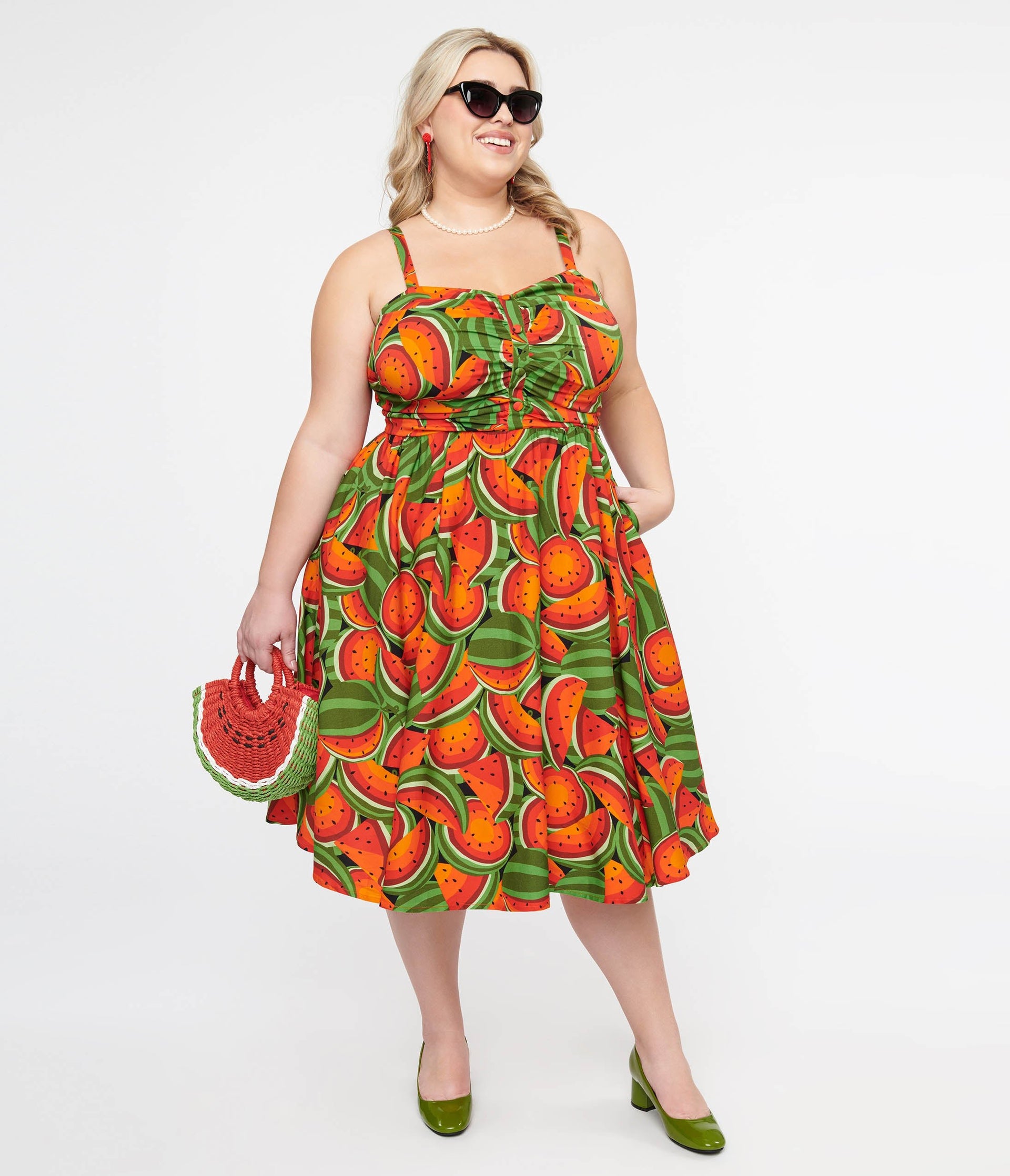 Plus Size 1950s Red & Green Watermelon Print Eden Fit & Flare Dress - Unique Vintage - Womens, DRESSES, SWING