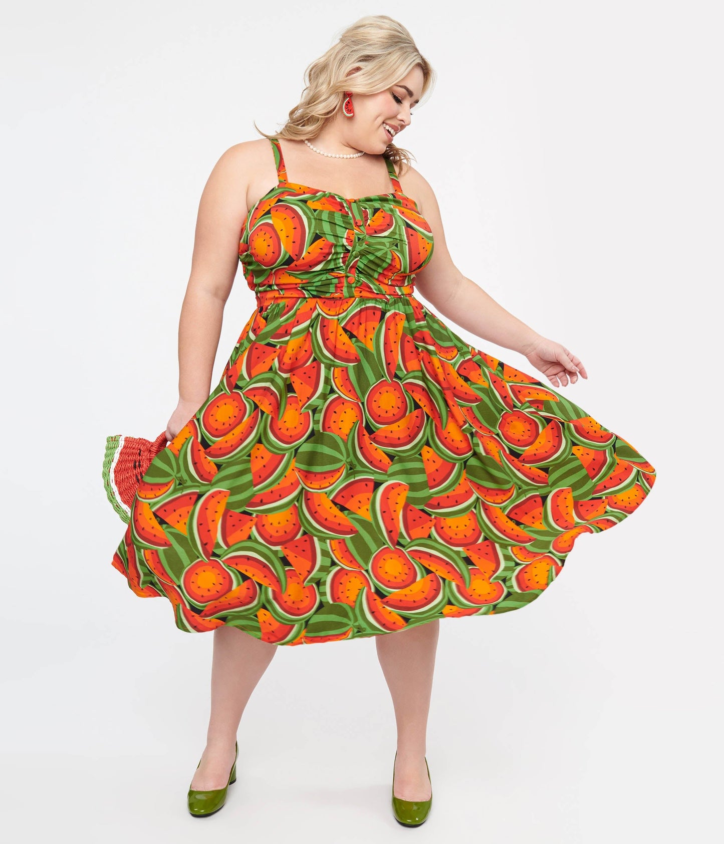 Plus Size 1950s Red & Green Watermelon Print Eden Fit & Flare Dress - Unique Vintage - Womens, DRESSES, SWING