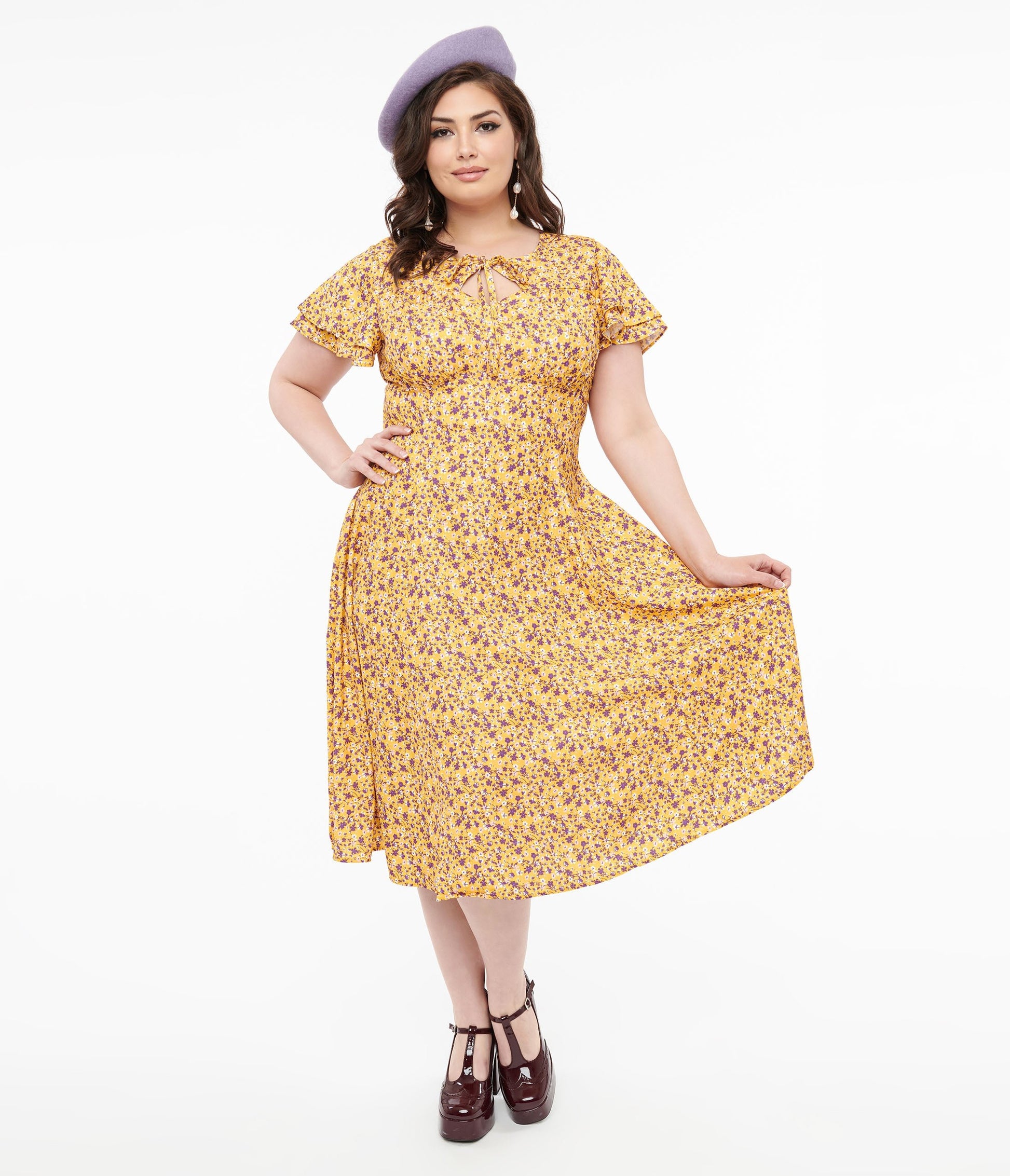 Plus Size 1950s Yellow & Purple Floral Capelet Swing Dress - Unique Vintage - Womens, DRESSES, SWING