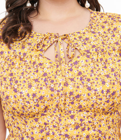 Plus Size 1950s Yellow & Purple Floral Capelet Swing Dress - Unique Vintage - Womens, DRESSES, SWING