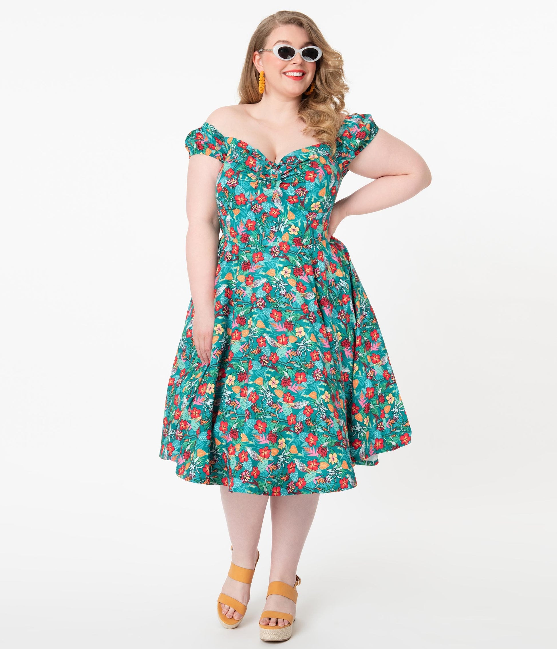 Plus Size 1960s Teal & Multicolor Tropical Floral Print Preston Swing Dress - Unique Vintage - Womens, DRESSES, FIT AND FLARE