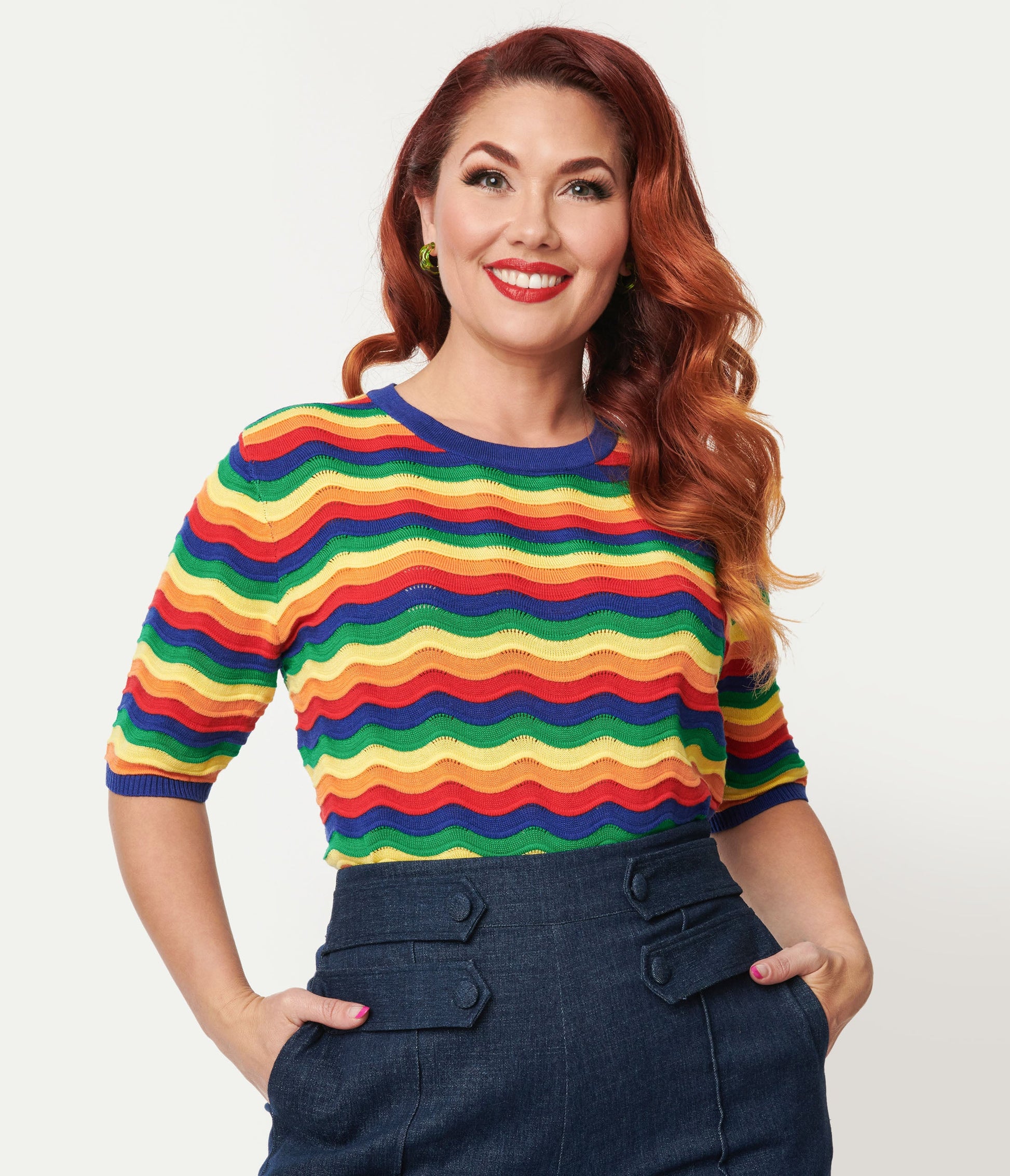Plus Size 1970s Rainbow Wave Striped Sweater - Unique Vintage - Womens, TOPS, SWEATERS