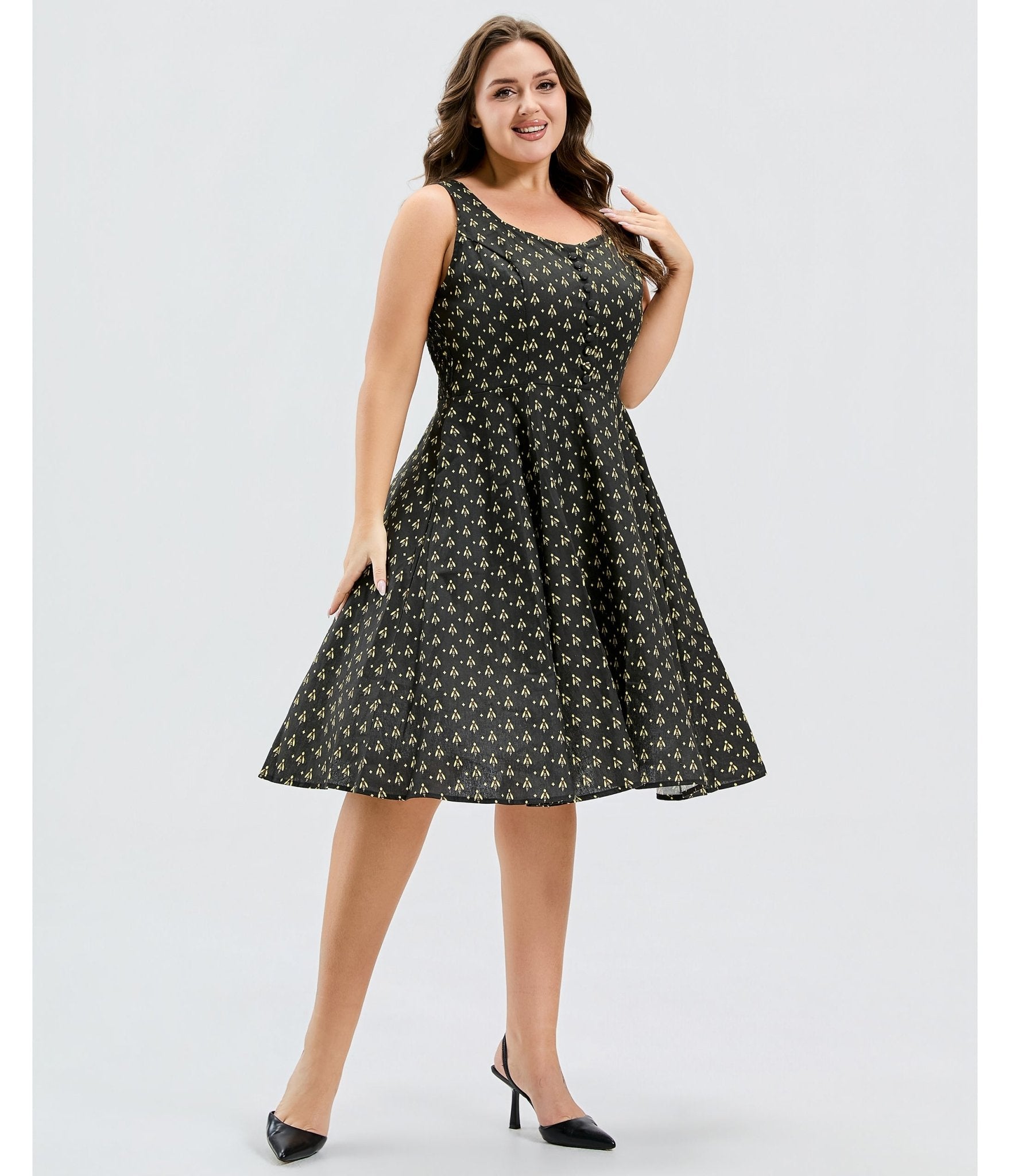 Plus Size Black Atomic Bees Print Heidi Dress - Unique Vintage - Womens, DRESSES, SWING