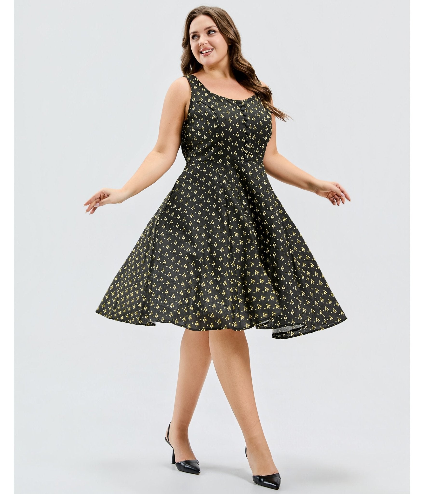 Plus Size Black Atomic Bees Print Heidi Dress - Unique Vintage - Womens, DRESSES, SWING